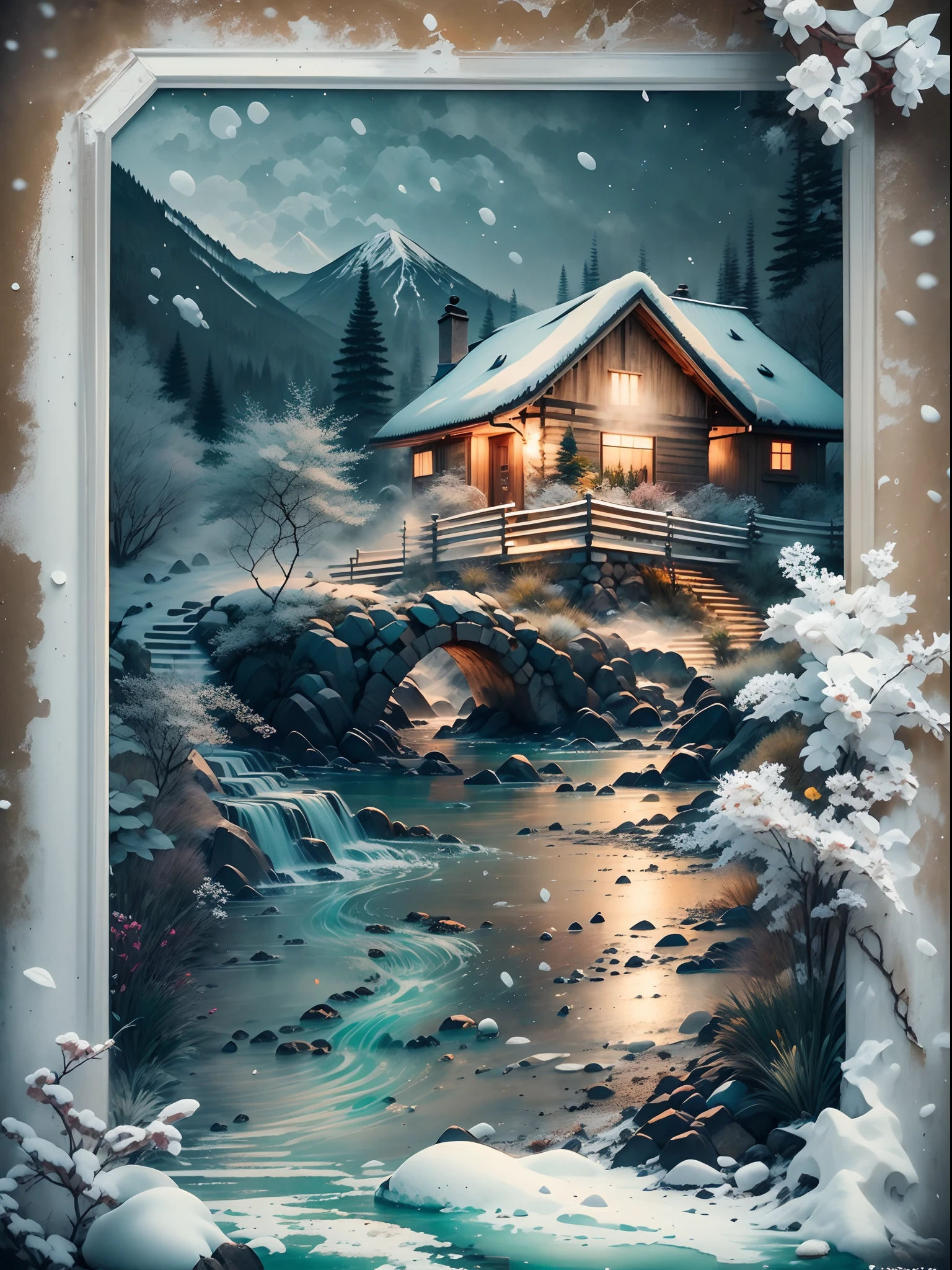 (Best quality, photo-realistic:1.2), Nature,lindo cenario， Melt snow and ice, （Mountain streams and flowing water，Clear stream）,Warm cottage，lamplight，Snowflakes fluttering， Masterpiece:1.23, Photography.