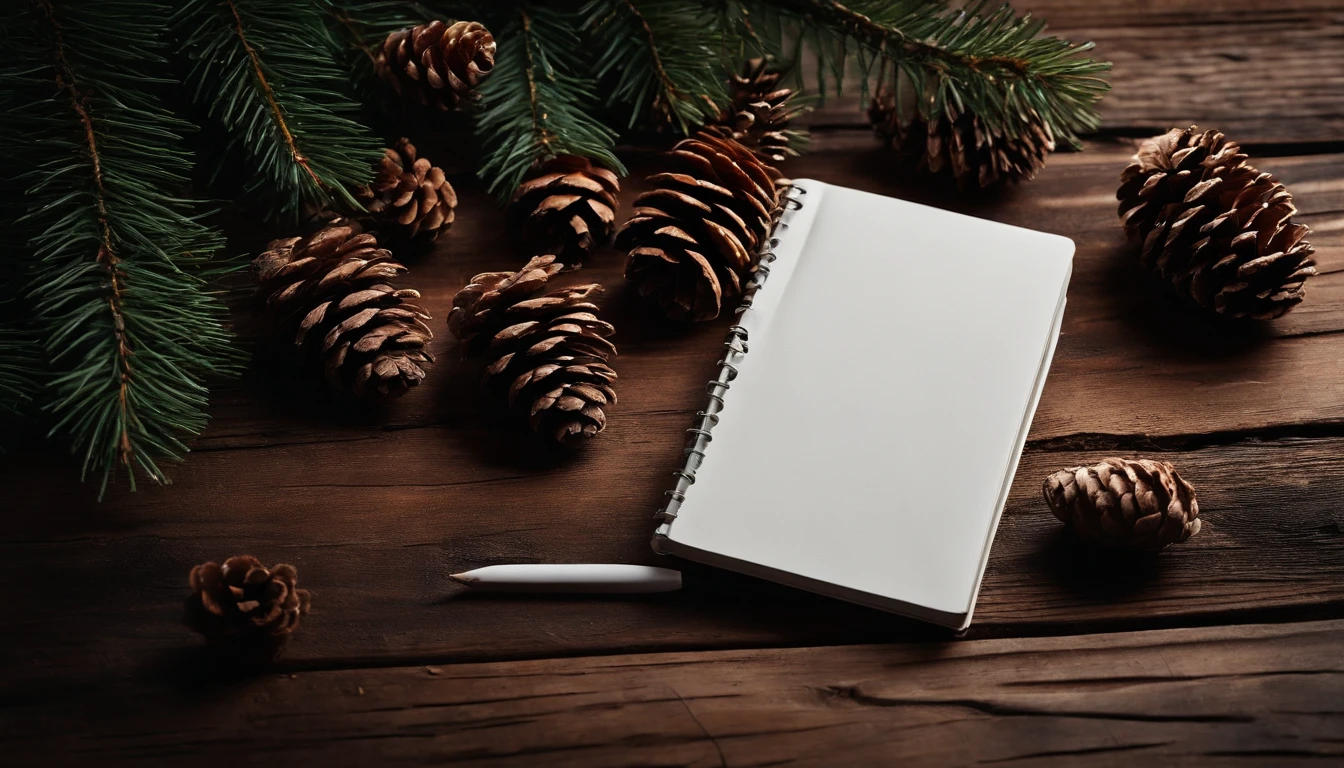 A blank white notebook mockup on a rustic wooden table, surrounded by pine cones, winter foliage, and a cozy knit scarf.