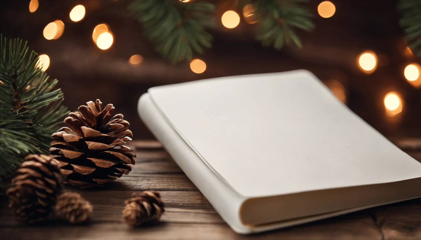 A blank white notebook mockup on a rustic wooden table, surrounded by pine cones, winter foliage, and a cozy knit scarf.