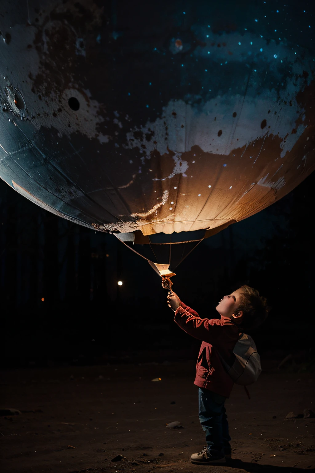 Child holding a gas balloon carrying inside a galaxy