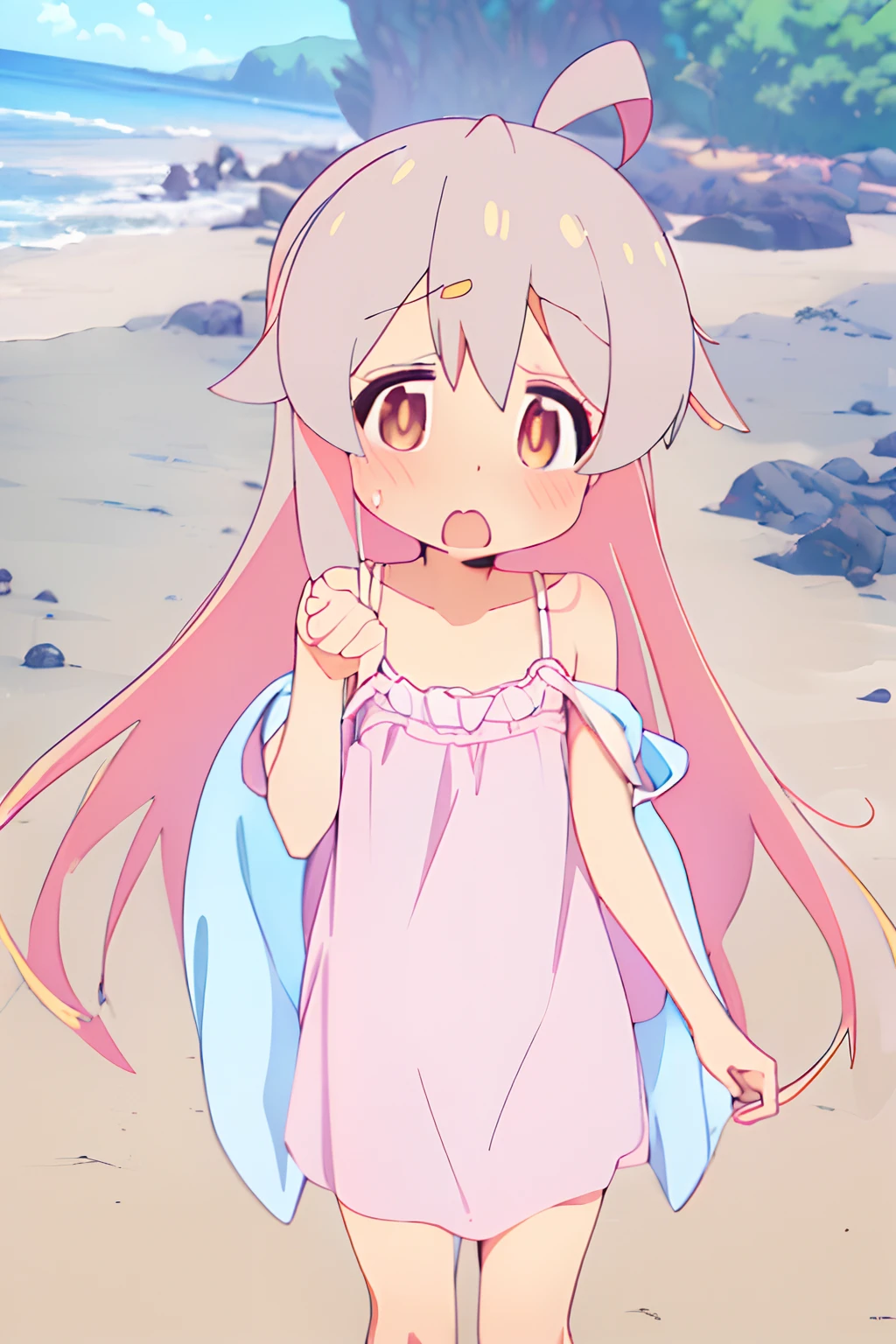 ((Oyama mahiro)), (Anime 1.5), ((Masterpiece)), (High Definition:1.3), (Professional Photography:1.2), (flat body), pale ivory hair, silky long hair, (oversided Camisole Dresses), (blush, very flustered face), (on the coastside), sweaty, cute and beautiful, ahoge, ((big Surprised Pose))
