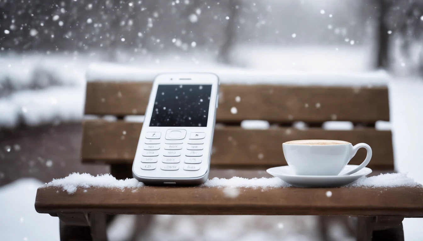 A blank white phone screen mockup on a snowy bench in a serene winter park, with snowflakes gently falling and a cup of hot cocoa nearby.
