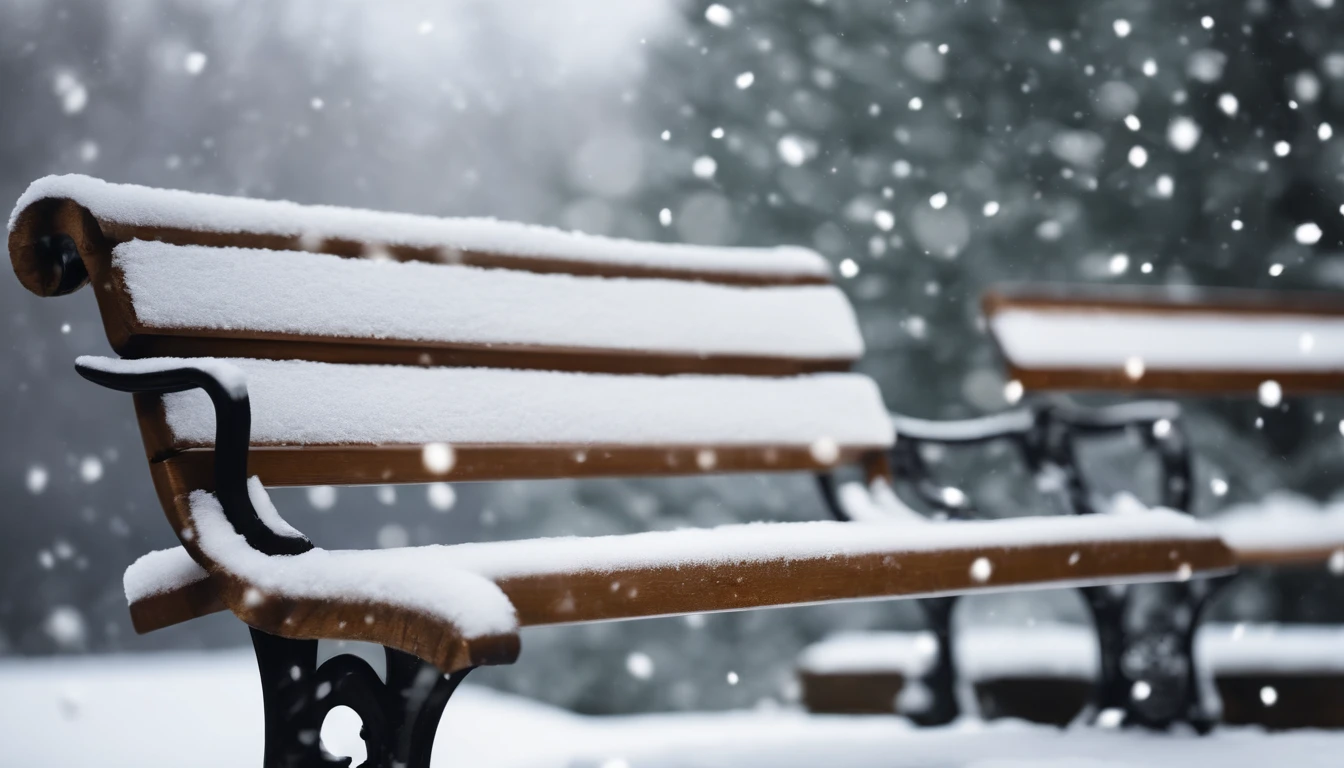 A blank white phone screen mockup on a snowy bench in a serene winter park, with snowflakes gently falling and a cup of hot cocoa nearby.