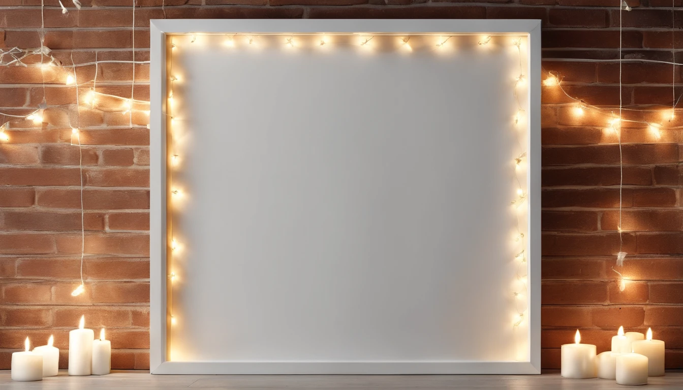 A blank white square frame mockup hanging on a brick wall, adorned with a string of white fairy lights and a sprig of eucalyptus for a minimalist winter look.