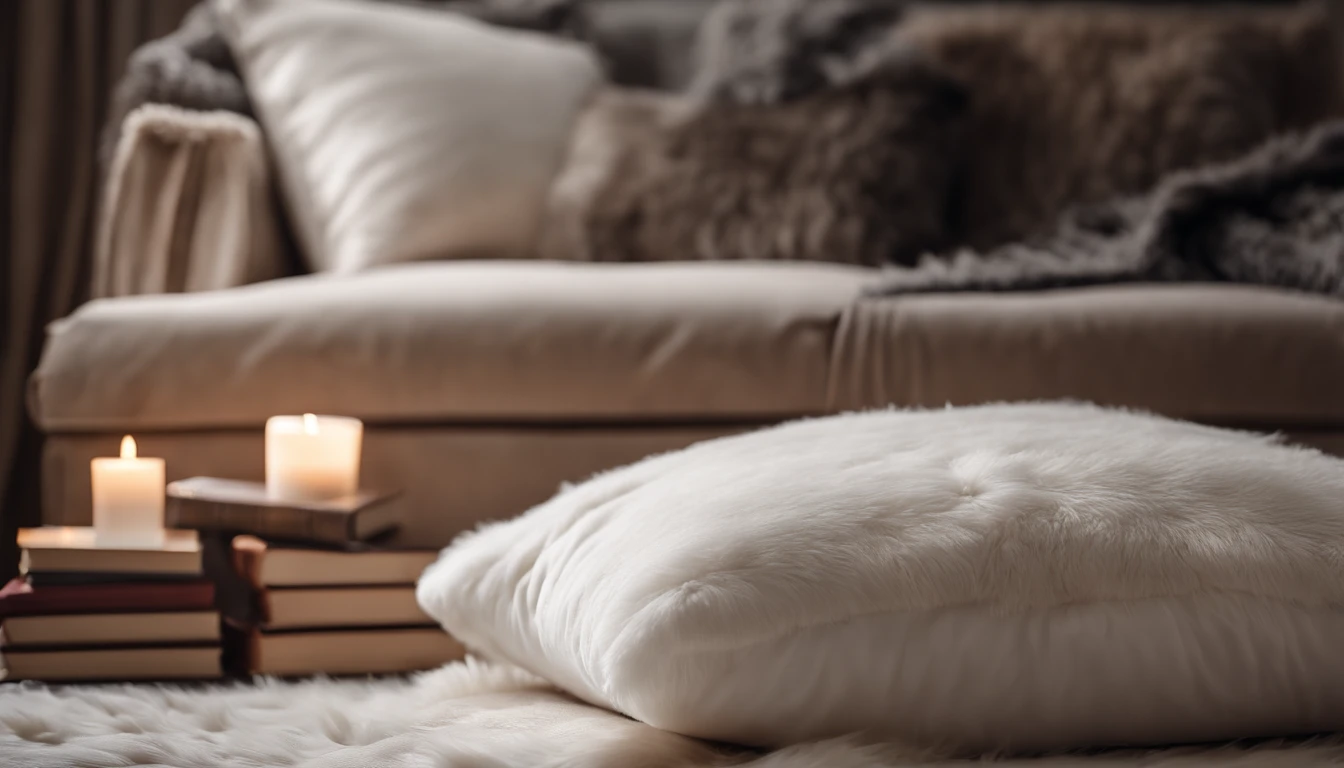 A blank white pillow mockup on a plush faux fur rug, with a cozy blanket and a stack of winter-themed books nearby.