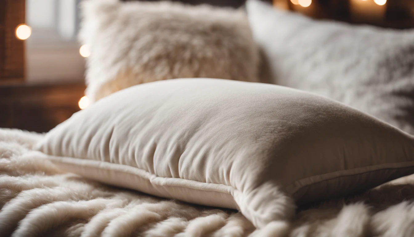 A blank white pillow mockup on a plush faux fur rug, with a cozy blanket and a stack of winter-themed books nearby.