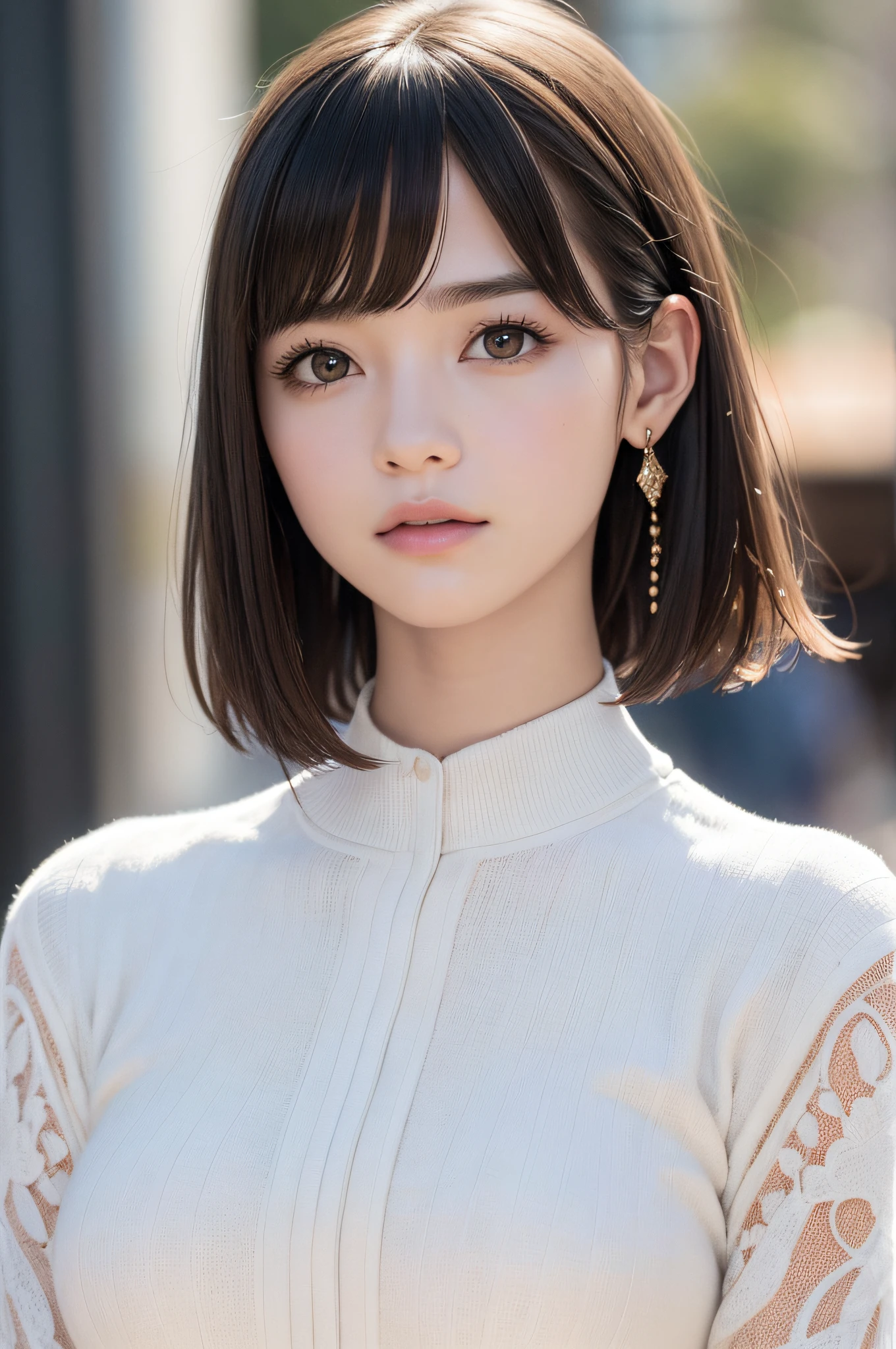 (8k, RAW photos, top quality, masterpiece: 1.2), ultra detailed, super resolution, (real, real photos: 1.37), portraits, high definition RAW color photos, professional photos, very detailed and beautiful, highly detailed, 8k wallpapers, amazing details, huge file size, official art, highly detailed CG Unity 8k wallpapers, highly detailed beautiful girls, highly detailed faces, Highly Detailed Eyes, Highly Detailed Skin, Highly Detailed Fingers, Very Detailed Nose, Highly Detailed Detailed Mouth, Perfect Anatomy, Detailed Background, Detailed Clothes, One Girl, (20:1.2), 20s, Cute Girl, Realistic Body, Petite, White Skin, Radiant Skin, Slim Body, Black Hair, Short Hair, (Blunt Bangs: 1.2), Cute, Youthful, Pretty Face, Realistic Face, Delicate Eyes, Sale Eyes, ( (Fashionable winter clothes)), ((Up)), ((((Short hair)))), Earrings, Looking at the camera, Cowboy shot, Facing Front, Standing Posture, Contrapposto, Dynamic Lighting, C Cup Breasts,
