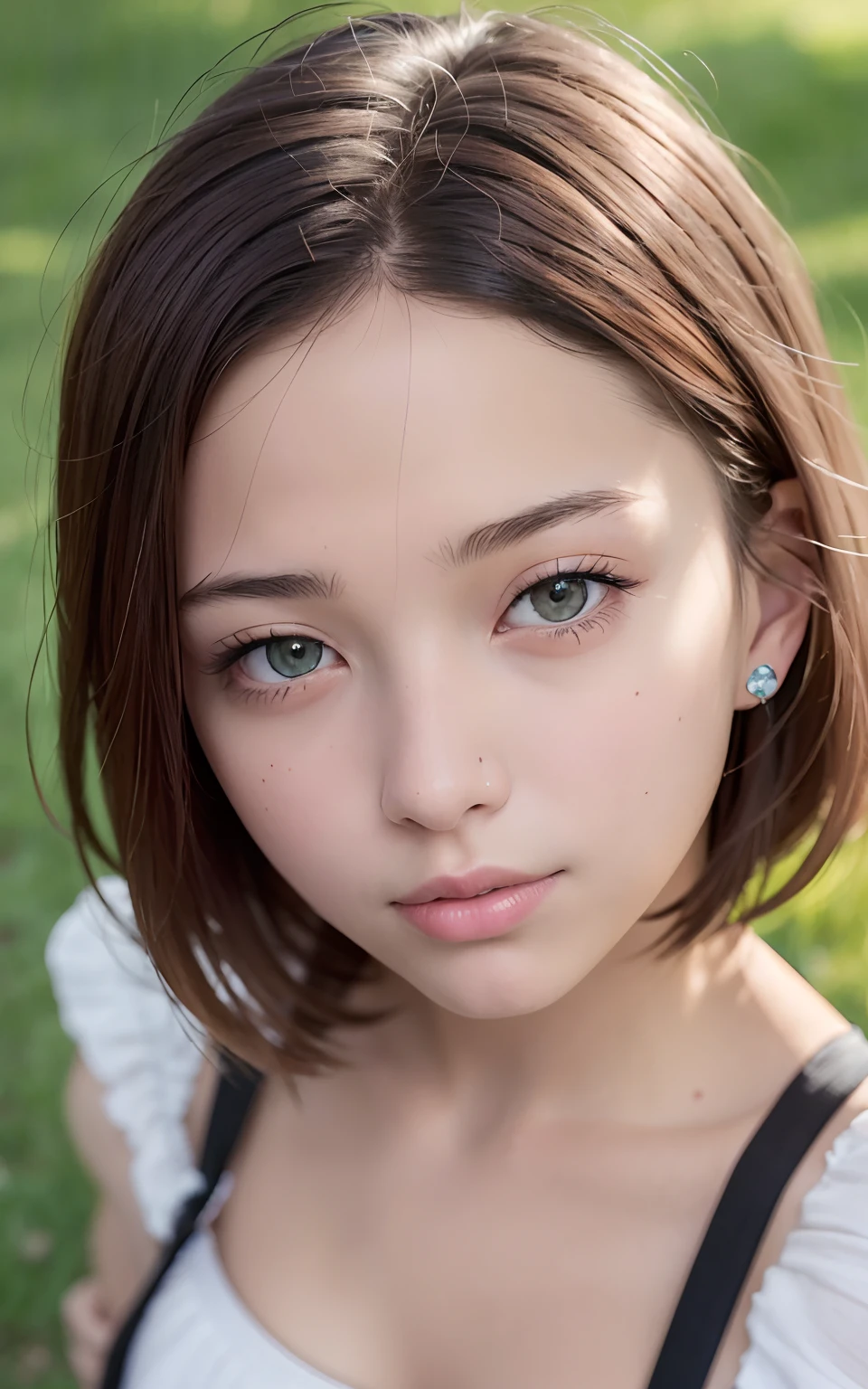 (top-quality, masterpiece:1.2), beautiful girl, Very cute, from above high angle shot, F 1.8, Soft light, Raw Photos Real, The skin texture is very detailed, without makeup, mournful, mournful, short Hair, Smile, depth of fields, hight resolution, Ultra-detailed, finely detail, Extremely detailed, extremely detailed eye and face, Sharp pupils, Full body