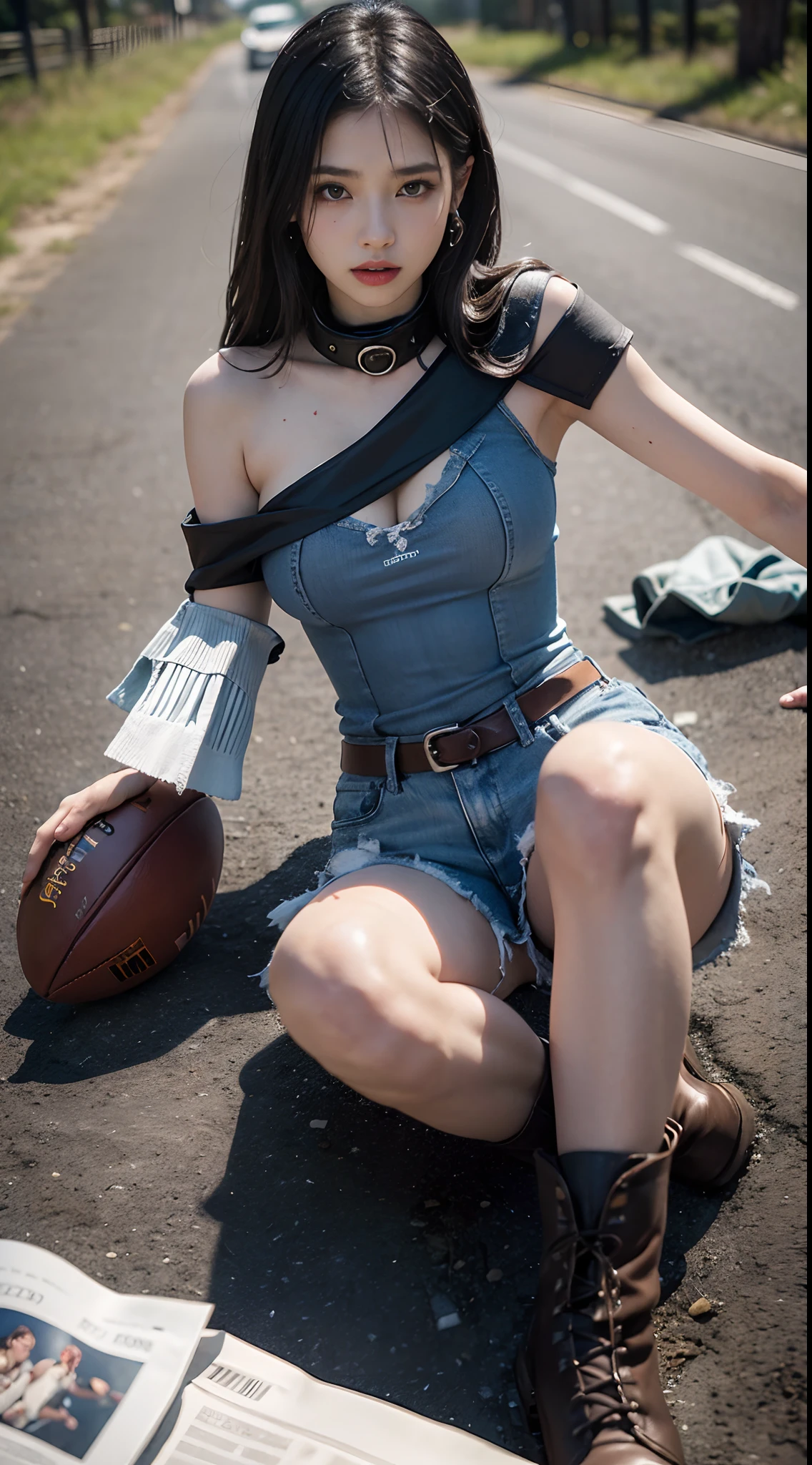 Yael Shelbia(Beautiful and bold、captivating and enticing、blue eyess、pointed breast、long curly black hair、Sweaty body、Open shirt、Short shorts、boots、short gloves、thick leg)。(Deserted roads、Dirt road、fumo、Abandoned cars、newspaper、Abandoned objects、Body lying on the ground、Abandoned roads、Apocalyptic landscape、Movie Effects)、(top-quality、​masterpiece、depth of fields、Full-HD、4K、richness of detail)。Portrait Style、Fist of the North Star、Screaming、(((American football protectors on both shoulders)))、holding weapons
