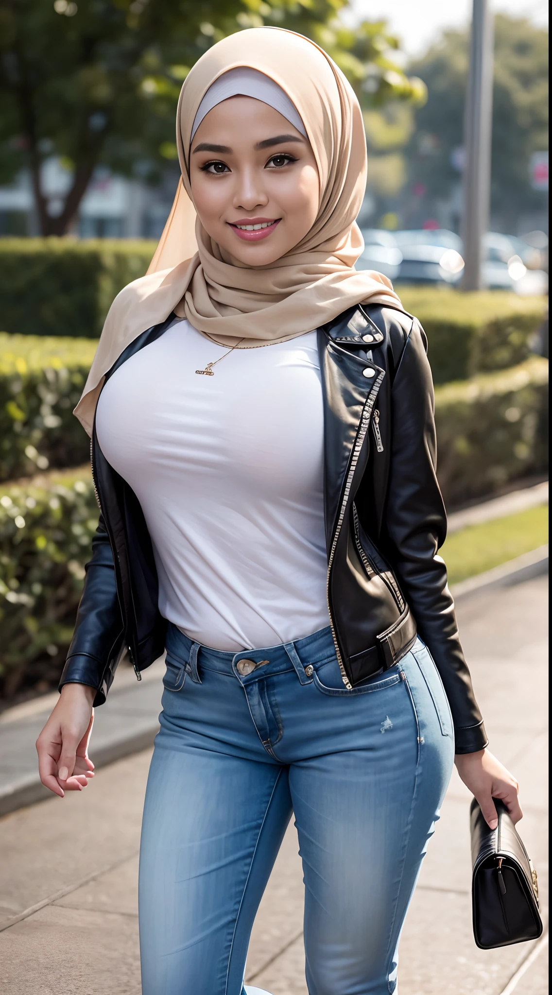 RAW, Best quality, high resolution, Masterpiece: 1.3), Beautiful Malay woman in hijab (iu:0.8),Best quality, high resolution, Masterpiece: 1.3, Beautiful Malay girl in hijab, Masterpiece, Soft smile,Beautiful Malay woman wearing pastel hijab walking and leather jacket in heavy rain, white jeans, (big breasts), thick thighs, walking, catwalk, night, busy mall background, bright lighting, happy smile and attitude, 8k, high quality, highly detailed, (in street park)), bright sunlight, hiking clothes, pullover, trousers, highres,4k,HDR,1girl, photorealistic, realistic,sweaty skin, wet clothes, wet body, big breasts, ((whole body))soaking wet, dripping, smiling at the audience, close up
