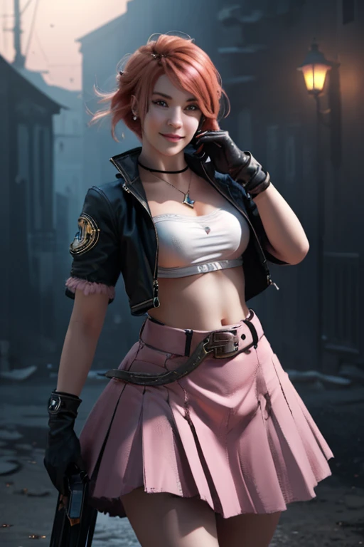 1girl,cowboy shot, beautiful nora_valkyrie, looking at viewer, smile, short hair, blue eyes,heart cutout, gloves,  jacket, pink skirt, pink belt, short sleeves, puffy sleeves, single armband, fingerless gloves, orange hair, pink gloves, dynamic pose, night, outdoors, city, (volumetric lighting), best quality, masterpiece, intricate details, tonemapping, sharp focus, hyper detailed, trending on Artstation,