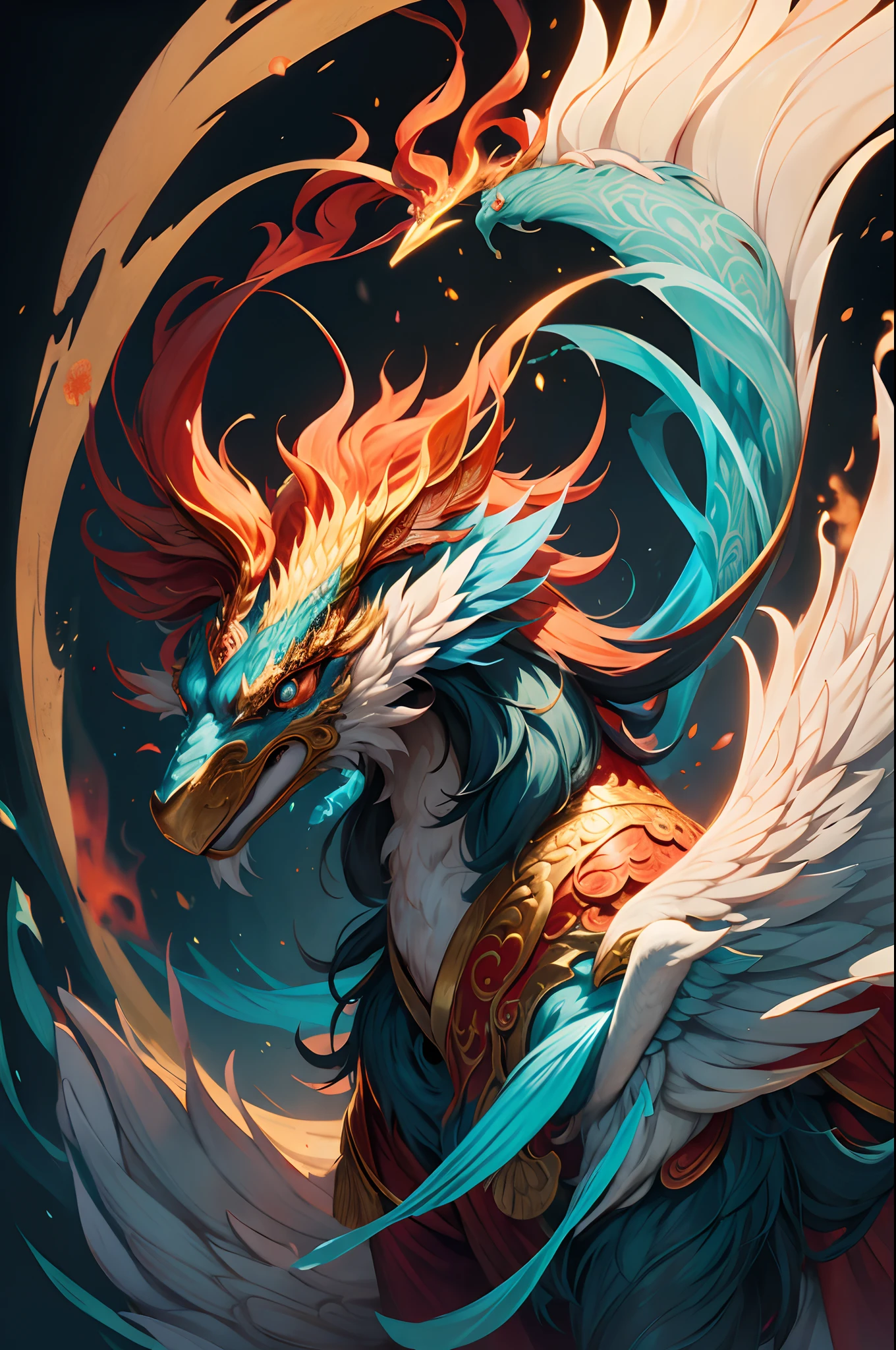 mythological creatures，（（Chinese mythology fire phoenix as a lady）），Traditional Chinese elements，Ancient murals，Illustrative myths，Fuyao Legend，Dappled light，Hazy haze，mystical aura，tmasterpiece，k hd，Rich in color，Detailed details，Seven colors