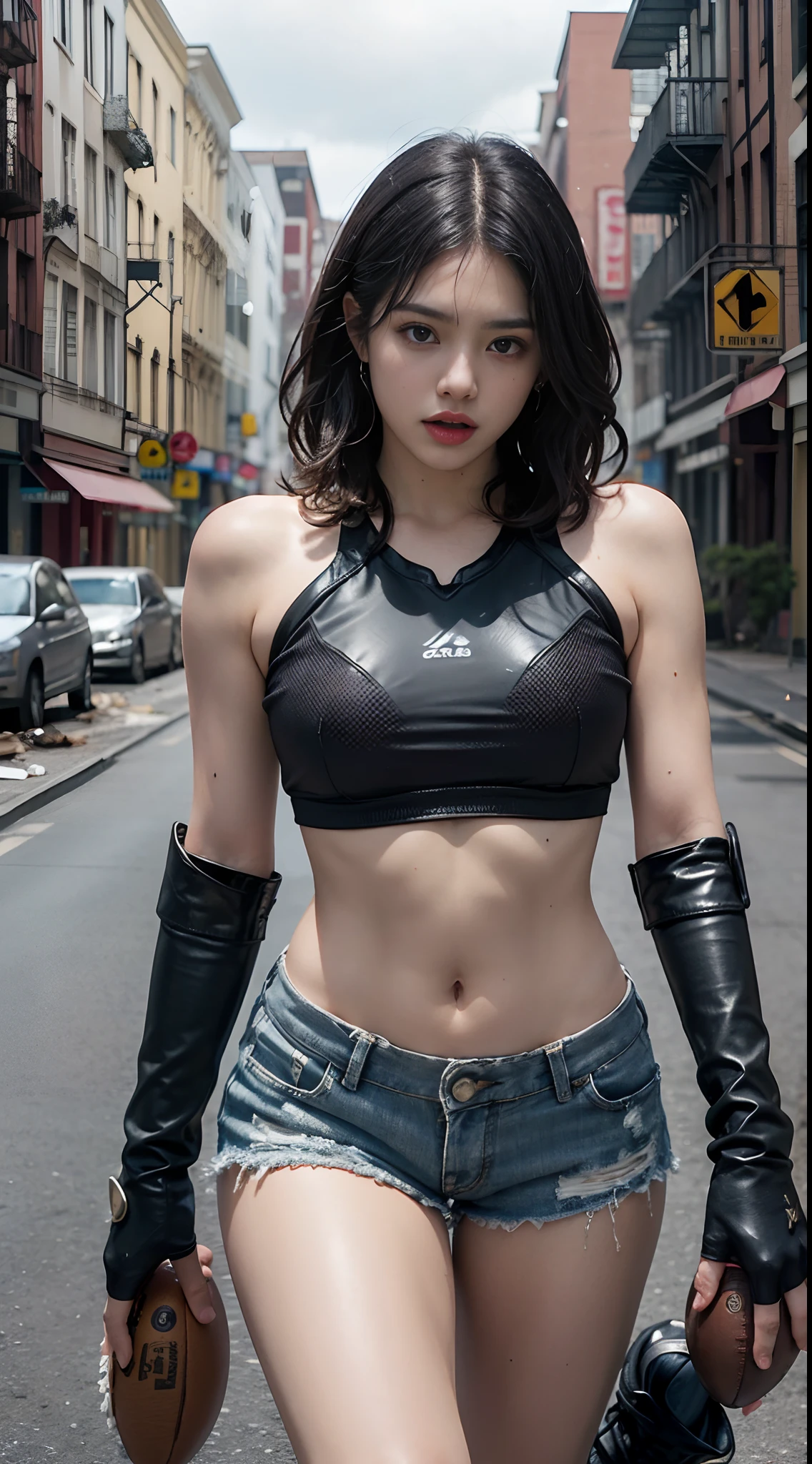 Yael Shelbia(Beautiful and bold、captivating and enticing、blue eyess、pointed breast、long curly black hair、Sweaty body、Open shirt、Short shorts、boots、short gloves、thick leg)。(Deserted roads、Dirt road、fumo、Abandoned cars、newspaper、Abandoned objects、Body lying on the ground、Abandoned roads、Apocalyptic landscape、Movie Effects)、(top-quality、masterpiece、depth of fields、Full-HD、4K、richness of detail)。Portrait Style、Fist of the North Star、Screaming、(((American football protectors on both shoulders)))、holding weapons