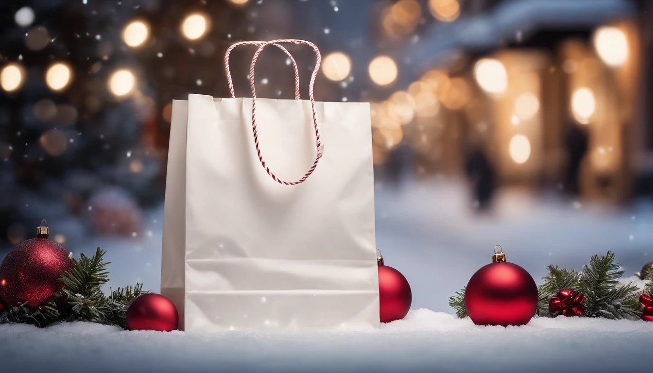 A blank white shopping bag mockup on a snowy city street, surrounded by festive holiday decorations and twinkling lights.