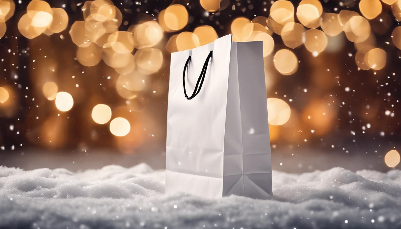 A blank white shopping bag mockup on a snowy city street, surrounded by festive holiday decorations and twinkling lights.