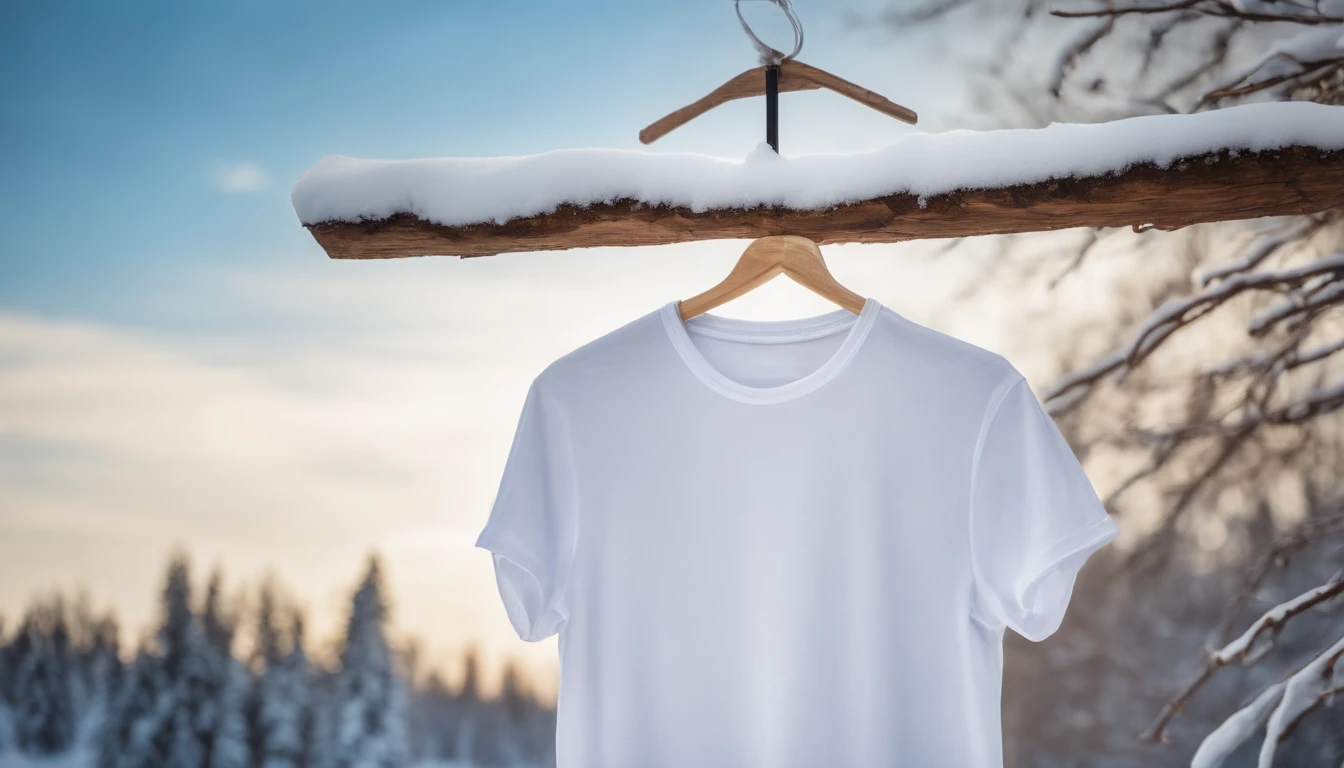 A blank white t-shirt mockup on a wooden hanger, hanging against a backdrop of snow-covered trees and a bright blue winter sky.