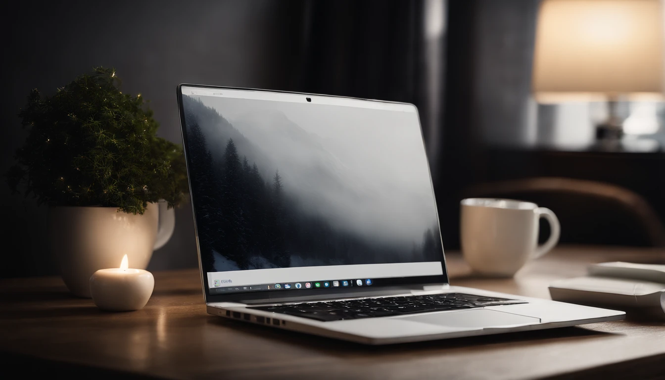 A blank white laptop mockup on a sleek, modern desk, with a cup of steaming tea and a snow globe for a touch of winter charm.