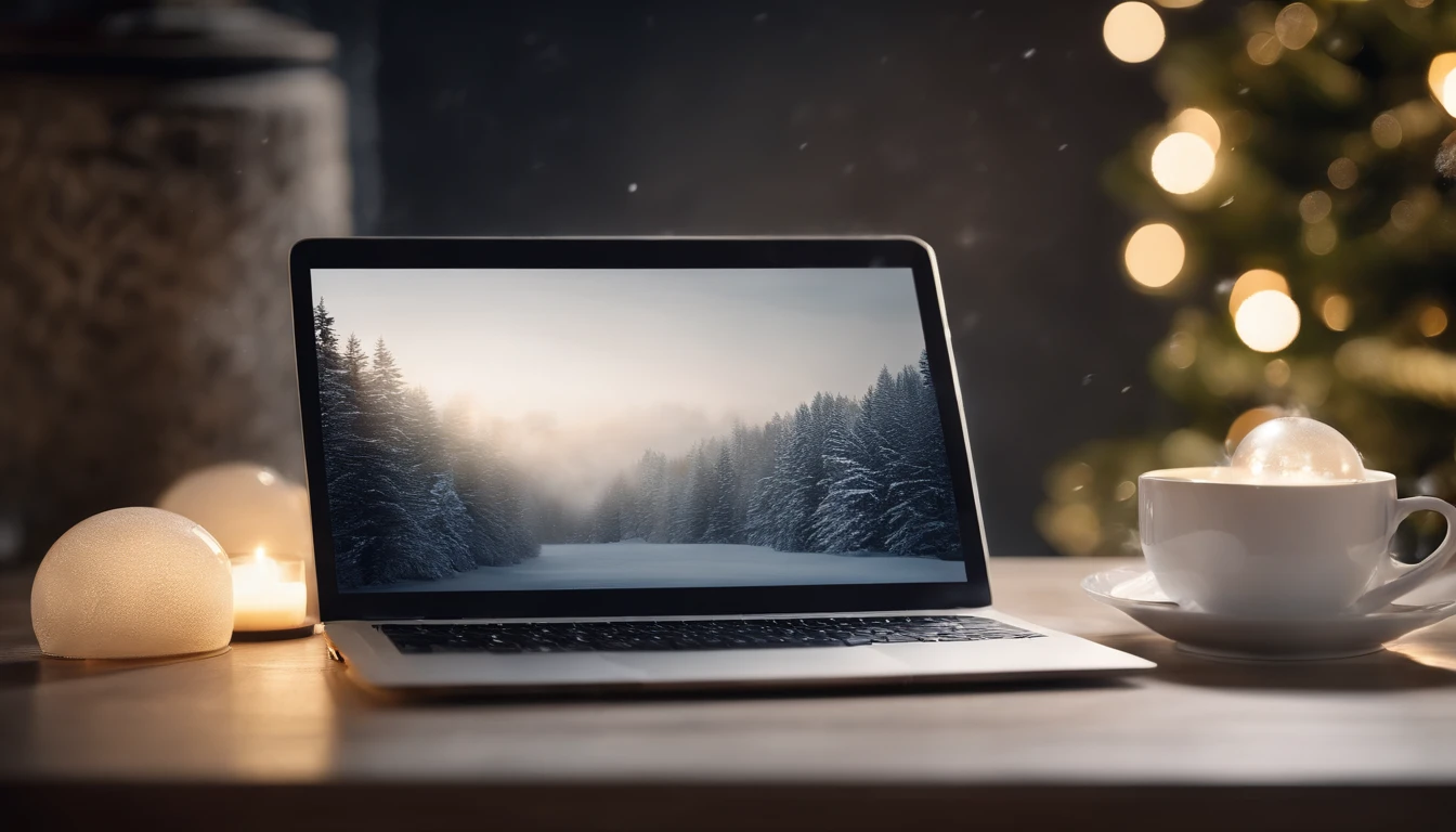 A blank white laptop mockup on a sleek, modern desk, with a cup of steaming tea and a snow globe for a touch of winter charm.