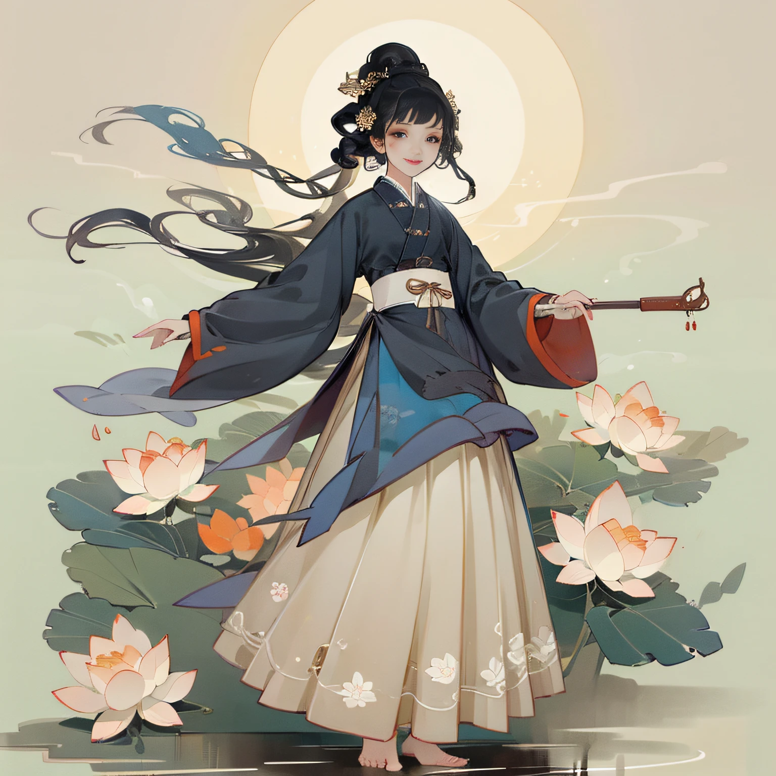 ((4k,masterpiece,best quality)), shuimobysim, traditional chinese ink painting, lotus, hanfu, maxiskit, dress conservatively 1girl, solo, long blue hair, smile, standing, feet in the water, barefoot,