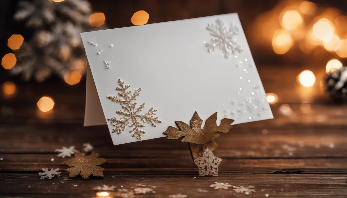 A blank white greeting card mockup on a vintage wooden table, with a winter-themed illustration and a scattering of glittering snowflakes.