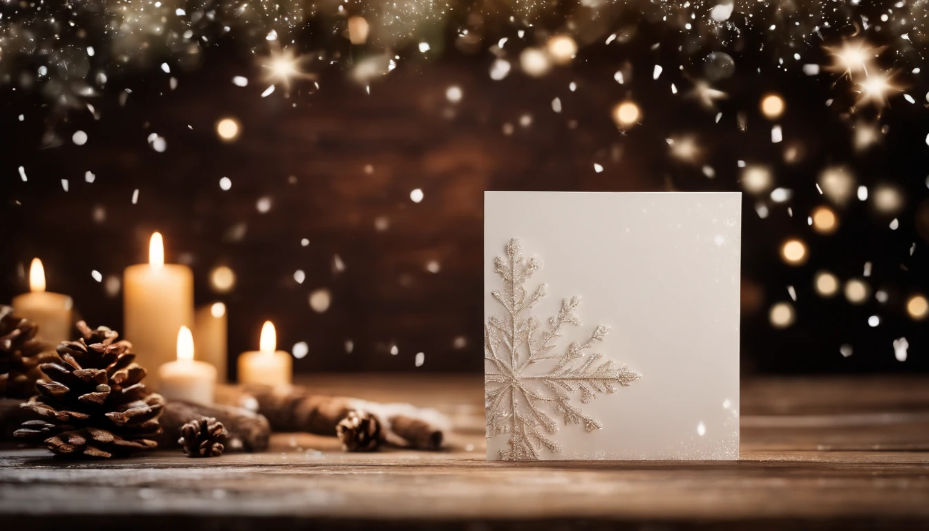 A blank white greeting card mockup on a vintage wooden table, with a winter-themed illustration and a scattering of glittering snowflakes.
