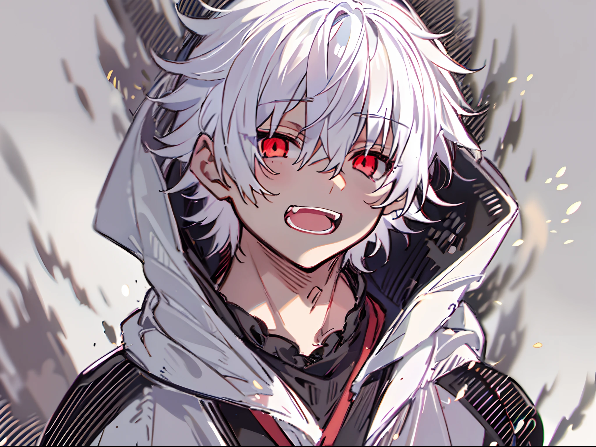 nffsw, Best Quality, masutepiece,Anime boy with white hair and red eyes staring at camera, Highlights in the eyes、slim, dressed in a black outfit,hair messy,wonderment、Surprise、with a pure white background、cute little、Open mouth