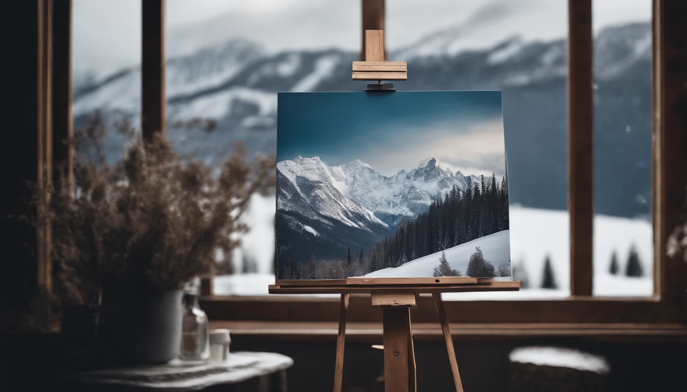 A blank white square canvas mockup on an artist’s easel, with a palette of cool-toned paint colors and a view of snowy mountains outside the window for inspiration.