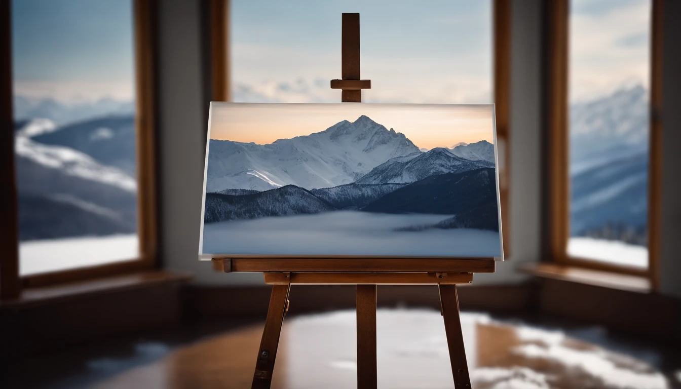 A blank white square canvas mockup on an artist’s easel, with a palette of cool-toned paint colors and a view of snowy mountains outside the window for inspiration.
