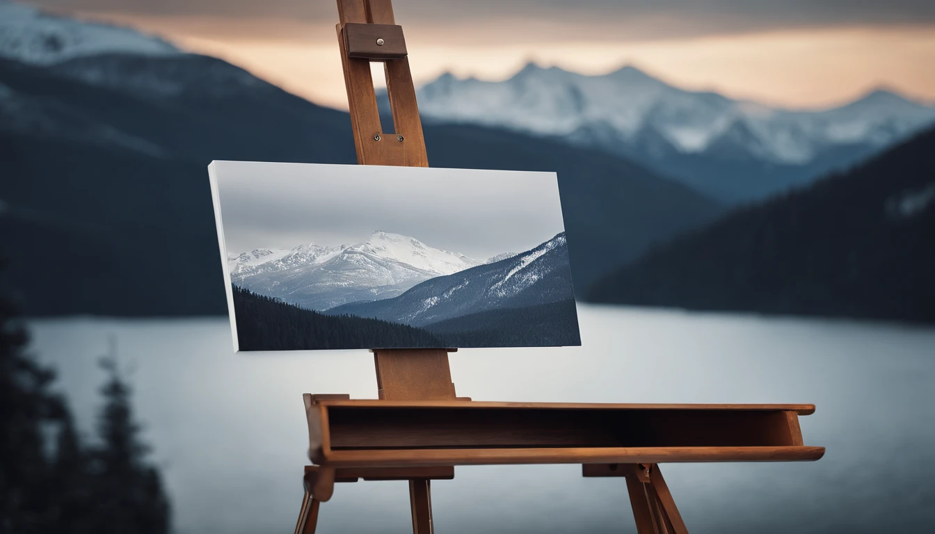 A blank white square canvas mockup on an artist’s easel, with a palette of cool-toned paint colors and a view of snowy mountains outside the window for inspiration.