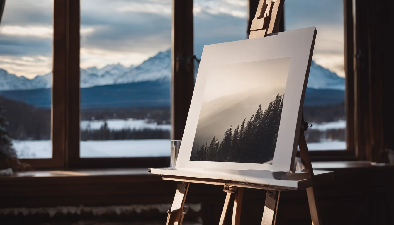 A blank white square canvas mockup on an artist’s easel, with a palette of cool-toned paint colors and a view of snowy mountains outside the window for inspiration.