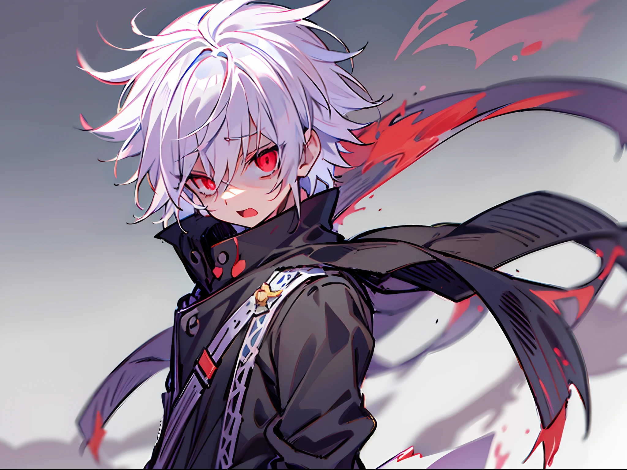 One Person,Anime boy with white hair and red eyes staring at camera, Glowing red eyes,slim, Black clothe,Shadow Body,monochromes,grinning evily、