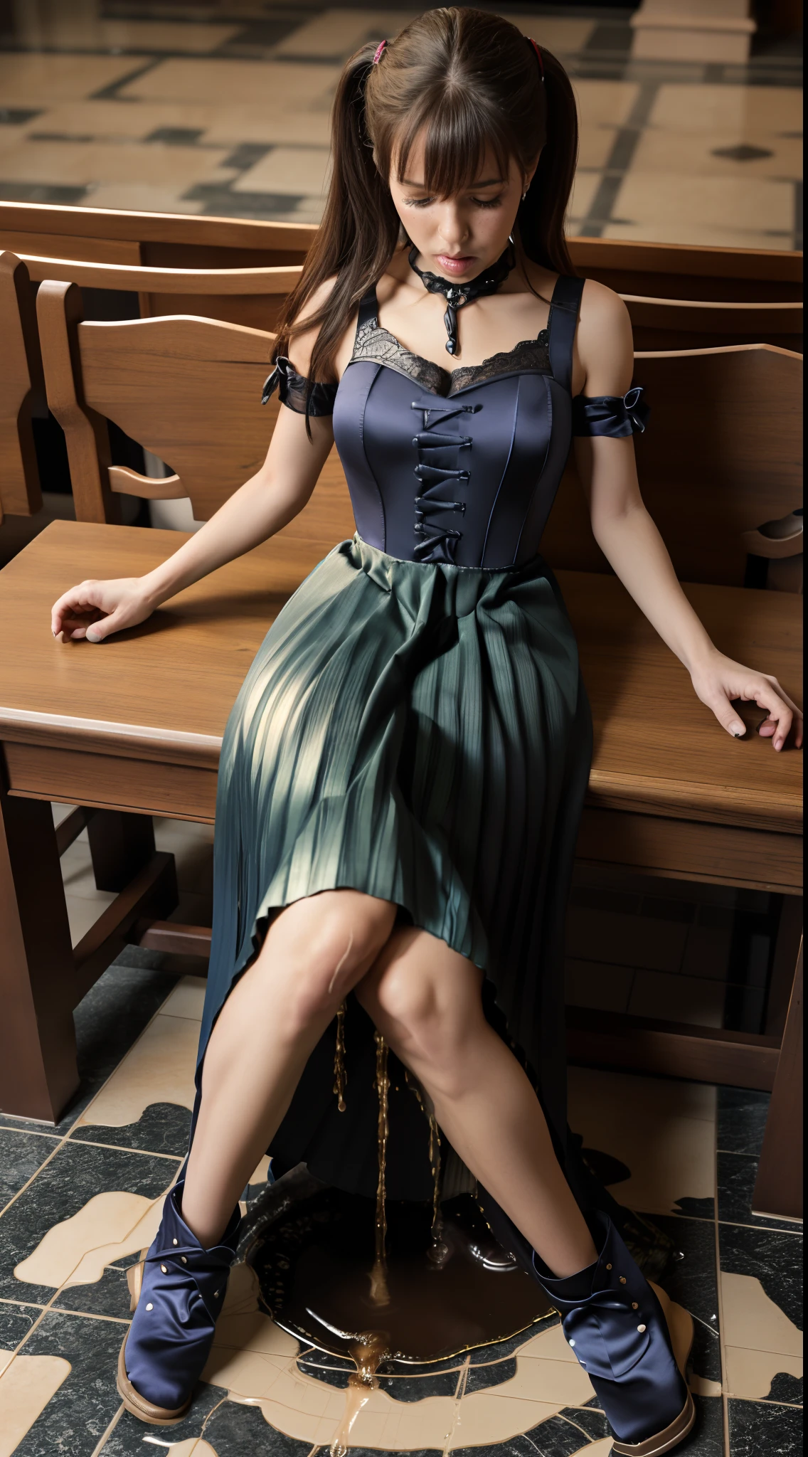 16k resolution, beautiful supermodel, highres, RAW photo, absurdres, full body portrait, Masterpiece, best quality, (very detailed CG Unity 16k wallpaper), (best quality), (best illustration), (best shadow), (beautiful woman Forced to pee herself during exam: 1.5), denied bathroom request, (grabbing sides of ballgown skirt curtsy: 1.7), defeated accepting the inevitable peeing herself (pees herself during exam: 1.5) (puddle forming under ballgown:1.4), (thick satin gothic long floor length pleated ballgown skirt:1.8) (satin gothic pleated ballgown: 1.8) (large breasts: 1.6) (corset halter: 1.5) (knee high combat boots:1.4), long braided pigtails, sadness, red lips, embarrassed, blushing, ashamed, silently crying, (legs crossed trying to close her pee hole: 1.5),