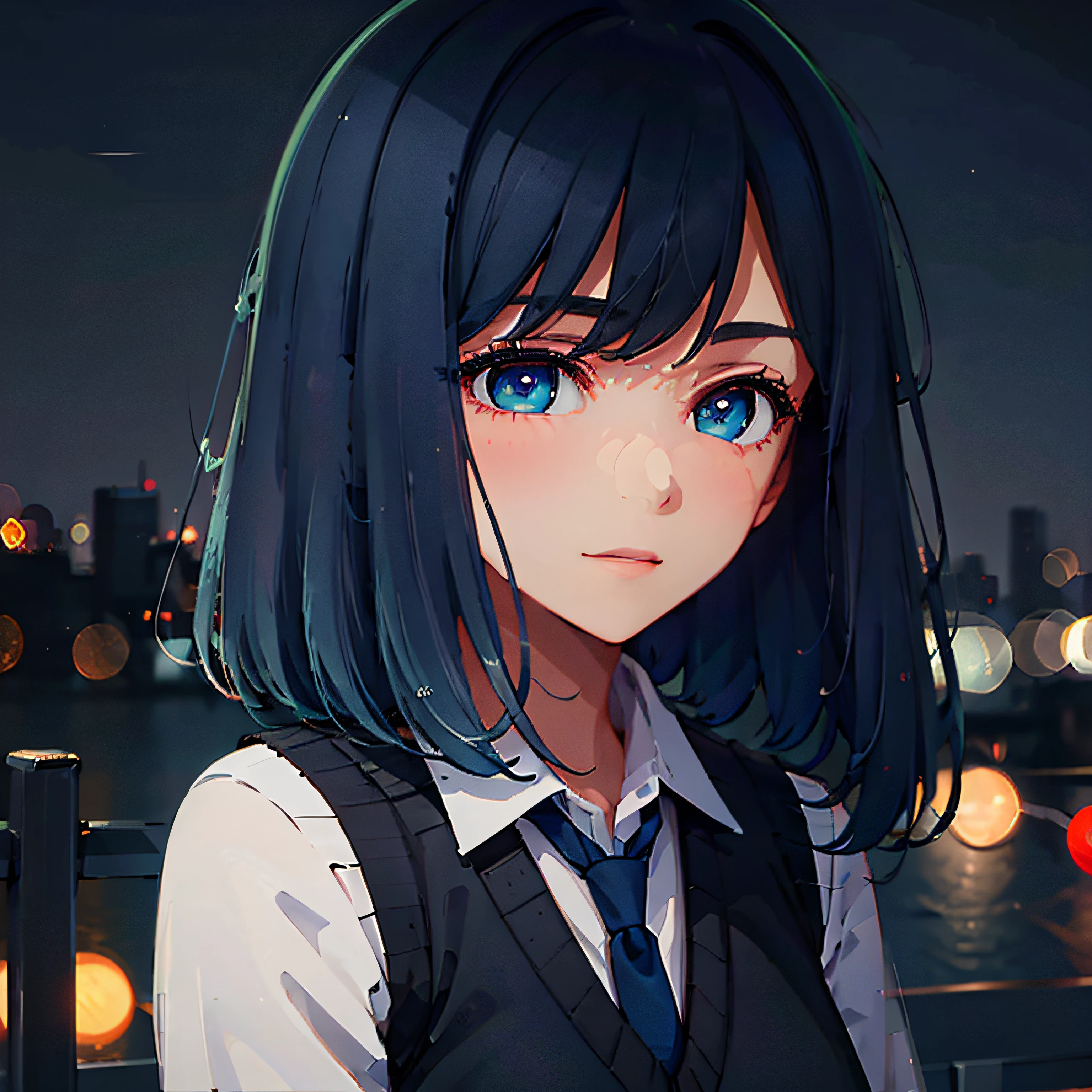 mastepiece, profesional artwork, sharp image, best quality, high quality, ultra quality, 1girl, school uniform, small breast, short hair, star eyes, upper body, face focus, beautiful eyes, glowing eyes, outdoor, depth of field, moonlight, dust, night, beautiful lighting, detailed face, detailed background, detailed picture, blush, deatiled texture, bokeh background, modern, relaxing, dark night, glowing eyes, profile, akane kurokawa, oshi no ko