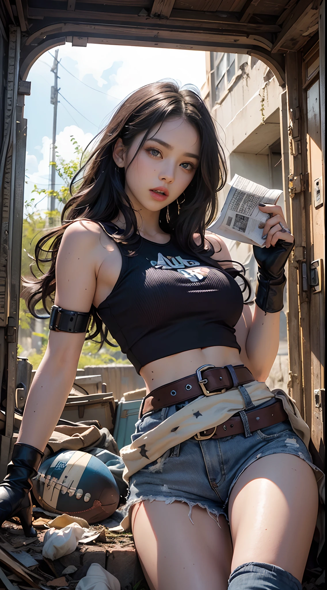 (photography:1.3, 16K, best quality, masterpiece, Ultra-high resolution), Perfect dynamic composition:1.2, Very detailedな肌と顔の質感:1.2, covered in wounds:1.2, (Post-apocalyptic world:1.0, In stark contrast to the desolate background:1.0, Adding destructive elements:1.0, There are debris and impurities scattered around:1.0), (Dynamic poses:1.0, 专业photography工作:1.0, Aim the gun at you:1.0), Very detailed, Beautiful Japanese women serving in the United States, Ultra-thin body, White skin, Very beautiful face, Serious expression, full-body shot,(Automatic Rifle:1.0, Bulletproof vest:0.5, torn military uniform:1.0, Backpack:0.5, boots:0.5), Full breasts, Chest space, Big eyes that exude beauty, Lips that radiate beauty, Cowboy shooting, necklace, earrings, bracelet, Tattoo, Military cap