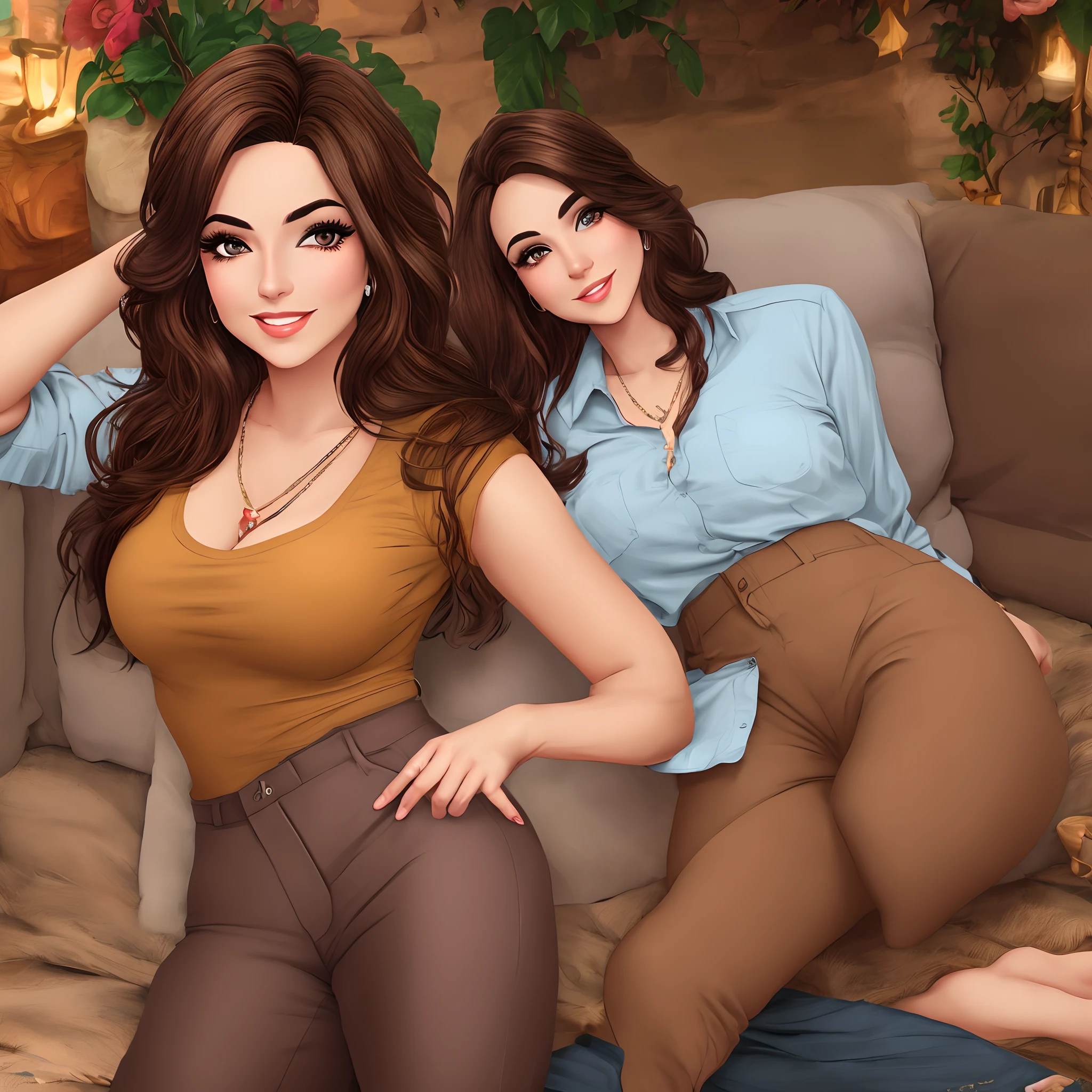 imagem estilo caricatura de mulher jovem 30 anos fofinha, bumbum grande,Long brown hair with leg pants, sem brincos, levantando peso academia!, fantasia
