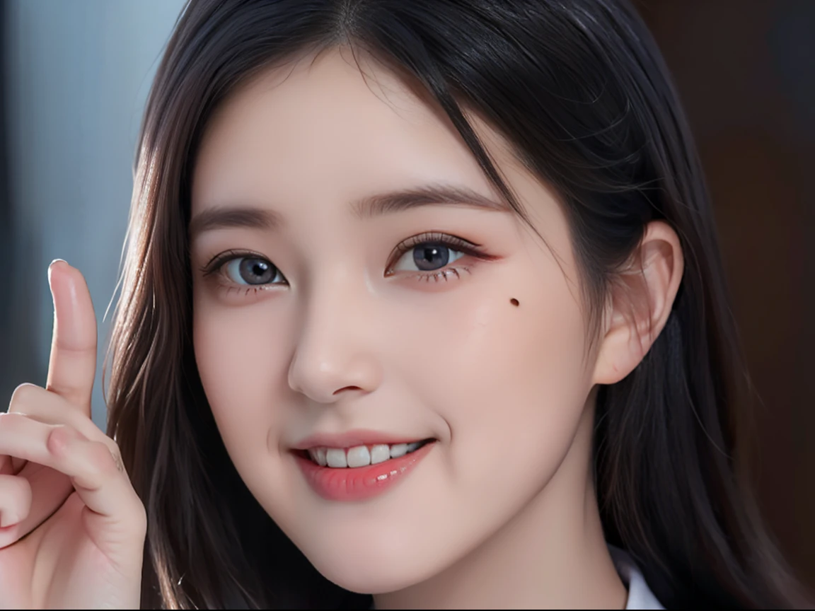 A Japanese woman、(((tmasterpiece)))、((top-quality))、((intricately details))、(((hyper realisitc))、Absurd analysis、Near and far law、The is very detailed、Novelty,1girl in,((Colossal tits)),Perfect hand,detailed finger,beatiful detailed eyes,short detailed hair,,(Black sportswear:1.2),Background with、sports gym,perfect eyes,mesmerizing eyes、looki at viewer、seen from the front、A smile、mole on mouth、Blazing、