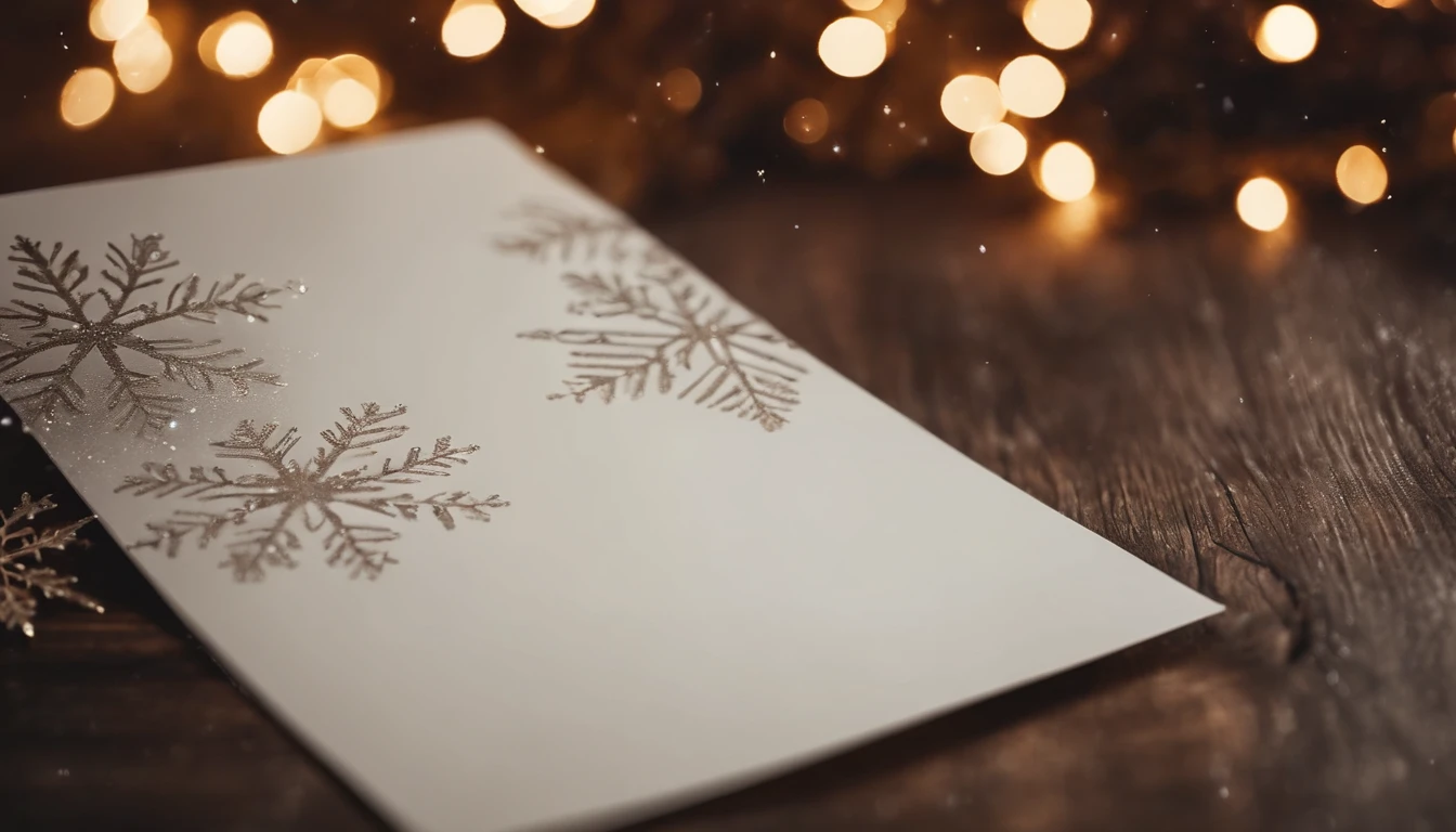 A blank white greeting card mockup on a vintage wooden table, with a winter-themed illustration and a scattering of glittering snowflakes.