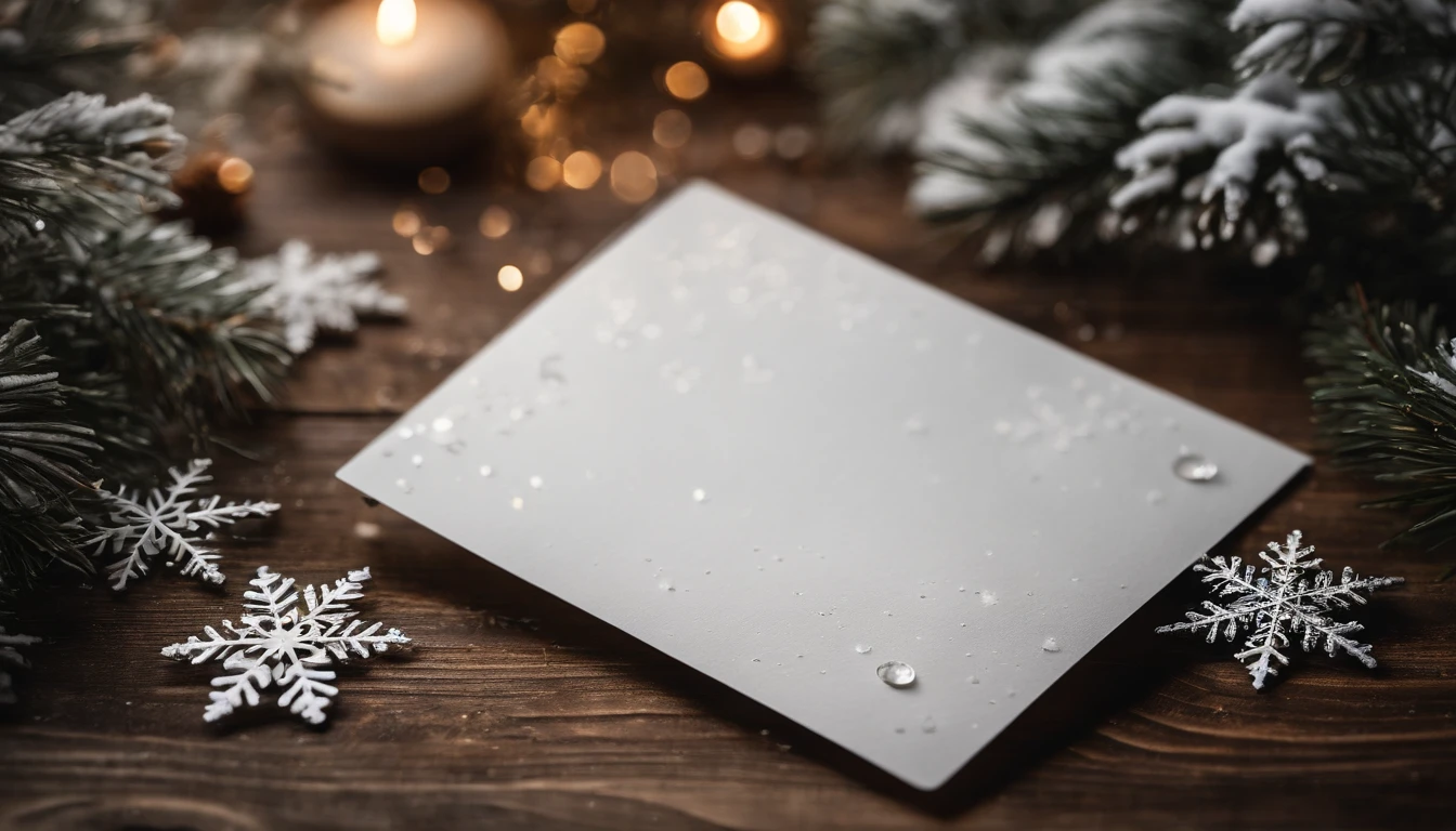 A blank white greeting card mockup on a vintage wooden table, with a winter-themed illustration and a scattering of glittering snowflakes.