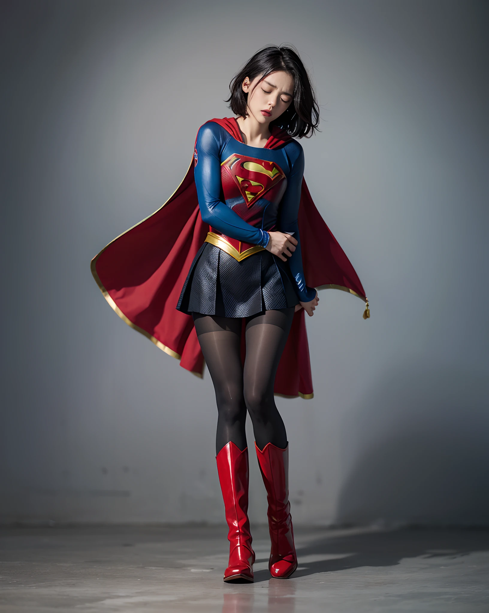 Suffering、mouth is always open sloppily、Drool is always dripping from my mouth、Asian Beautiful Girl、(((Wear black tights on your beautiful legs.)))、(((beauty legs)))、(((facial expression of smile)))、((((Make the most of the original image)))、(((Supergirl Costume)))、(((a short bob、beautiful hairl)))、(((Suffering)))、(((Feet must necessarily be worn with black tights)))、(((You need to wear red boots)))、((Top image quality、8K))、((top-quality、8K、​masterpiece:1.3))、(((Keep your background simple)))、Crisp focus:1.2、Beautiful woman with perfect body shape:1.4、Slender Abs:1.2、a wet body:1.5、Highly detailed facial and skin texture、8K、beauty legs