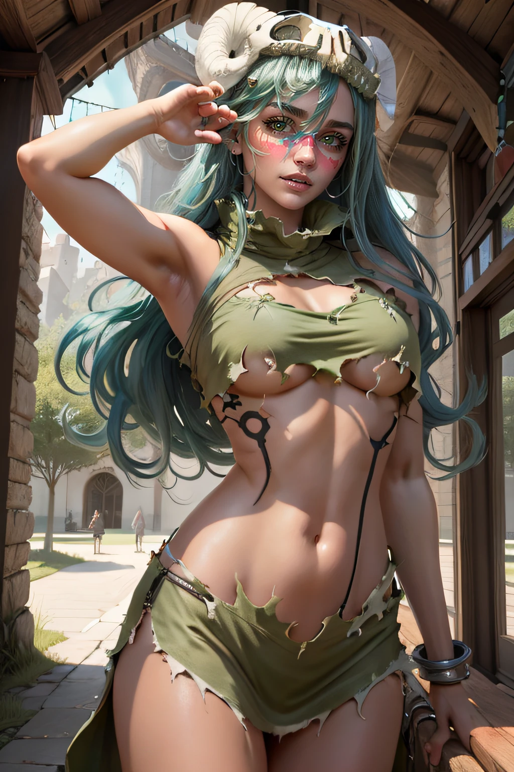 (masterpiece, best quality), intricate details, odelschwanck, green hair, skull, torn clothes, underboob, skirt, fantasy00d,