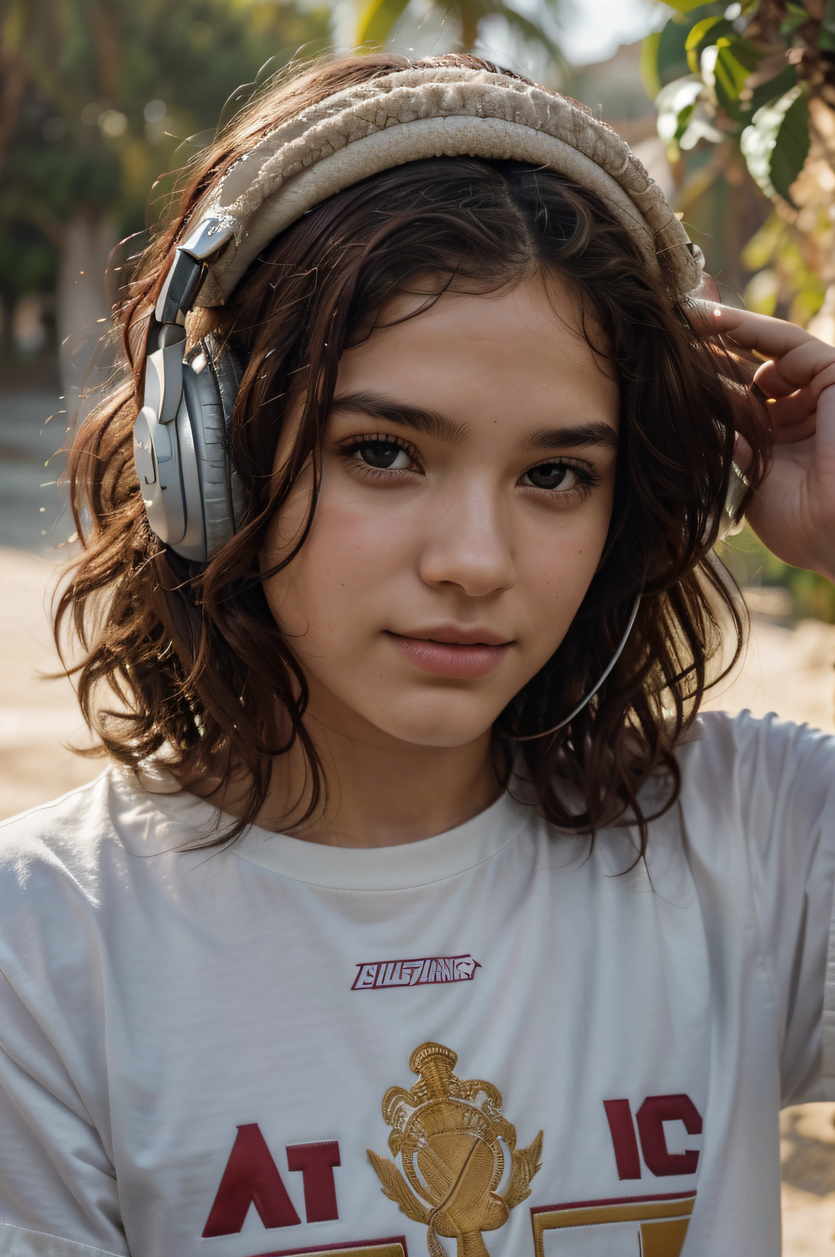 (best quality, Altas:1.2), Realistic, retrato, music, Close-up, young man, headphones on head, "ScreenSound" camiseta, relaxed expression, curly hair, Rosto detalhado, soft lighting, cores vibrantes, ondas sonoras, immersive experience, mulher loira, olhos azuis, Greece