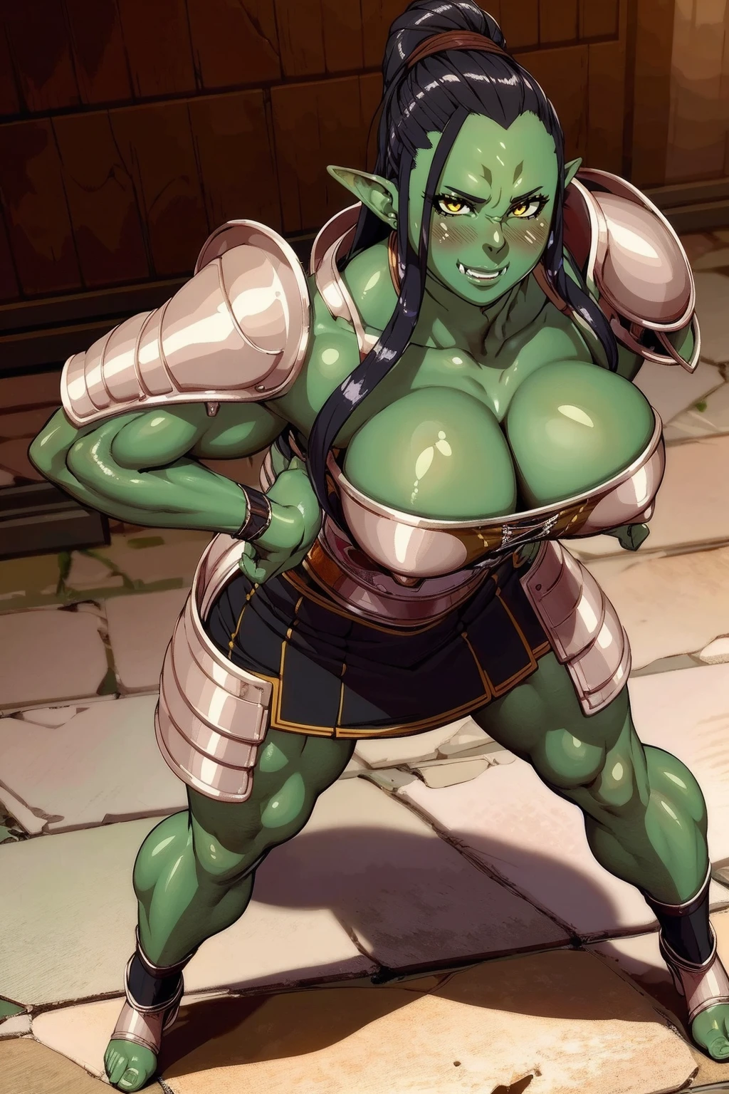 , ray tracing, sparkle, cinematic lighting, UHD, retina, masterpiece, ccurate, anatomically correct, textured skin, super detail, high details, high quality, award winning, best quality, highres, 1080P, HD, 4K,mazoga, black hair, green skin, yellow eyes, orc, muscular, serious, orc teeth, extra teeth, standing, full body,, biceps, armor, cleavage, indoors, cabin, (insanely detailed, beautiful detailed face, masterpiece, best quality), smile, skirt, full body, martial art pose, pullover, blush, pants, pullover,, gloves, pantyhose, Medieval Style Armor