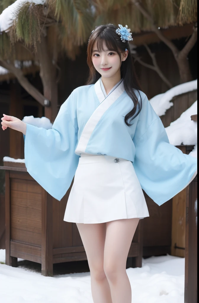 snow woman （Cute mini skirt kimono）、Looks fun、full body Esbian、、youkai、The long-haired、、slender long legs、Idol face、cool expression、、White and light blue