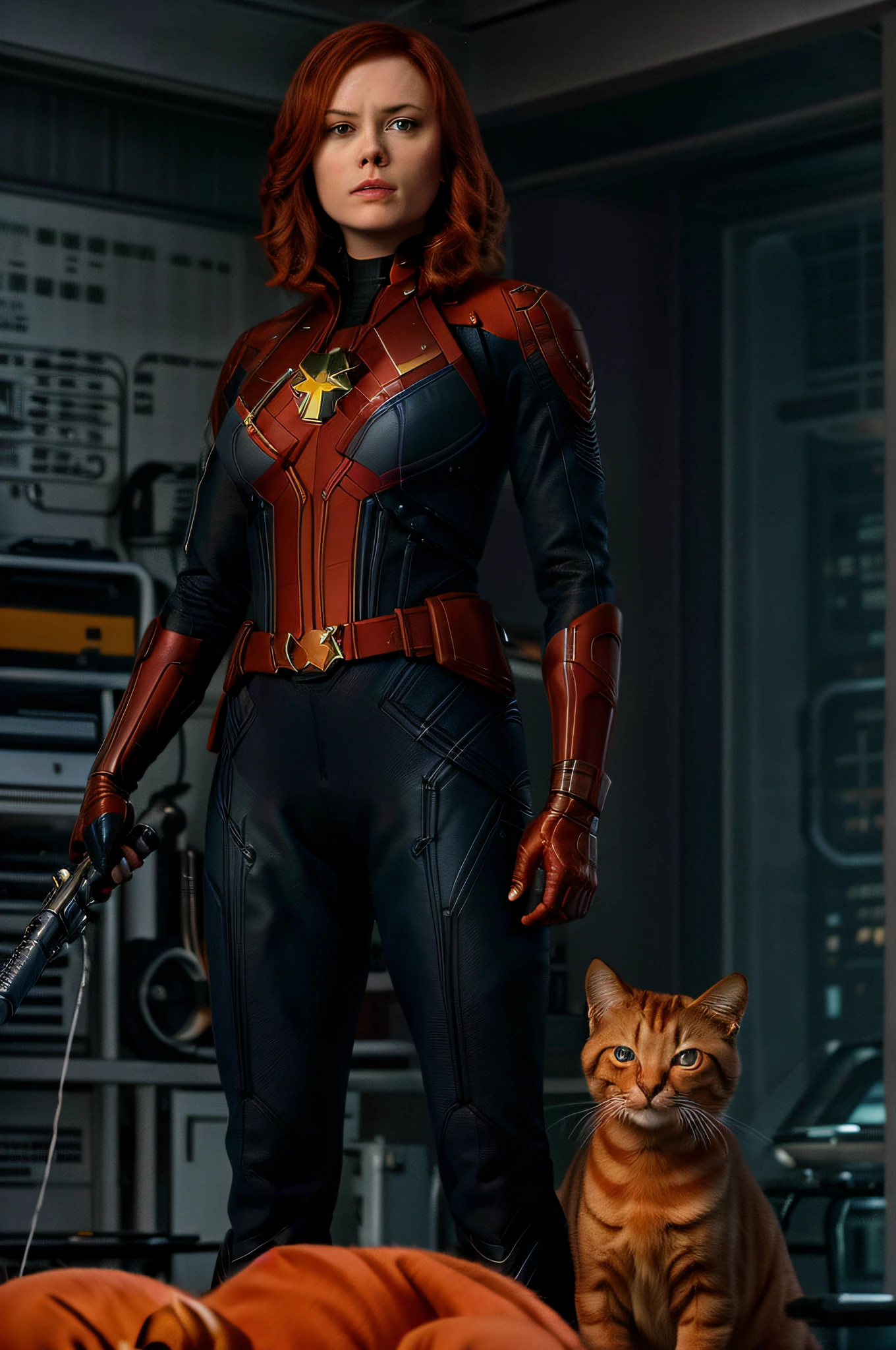 The captain of Marvel's Incredibles poses with her orange cat named Goose, in the background you can see some tall buildings