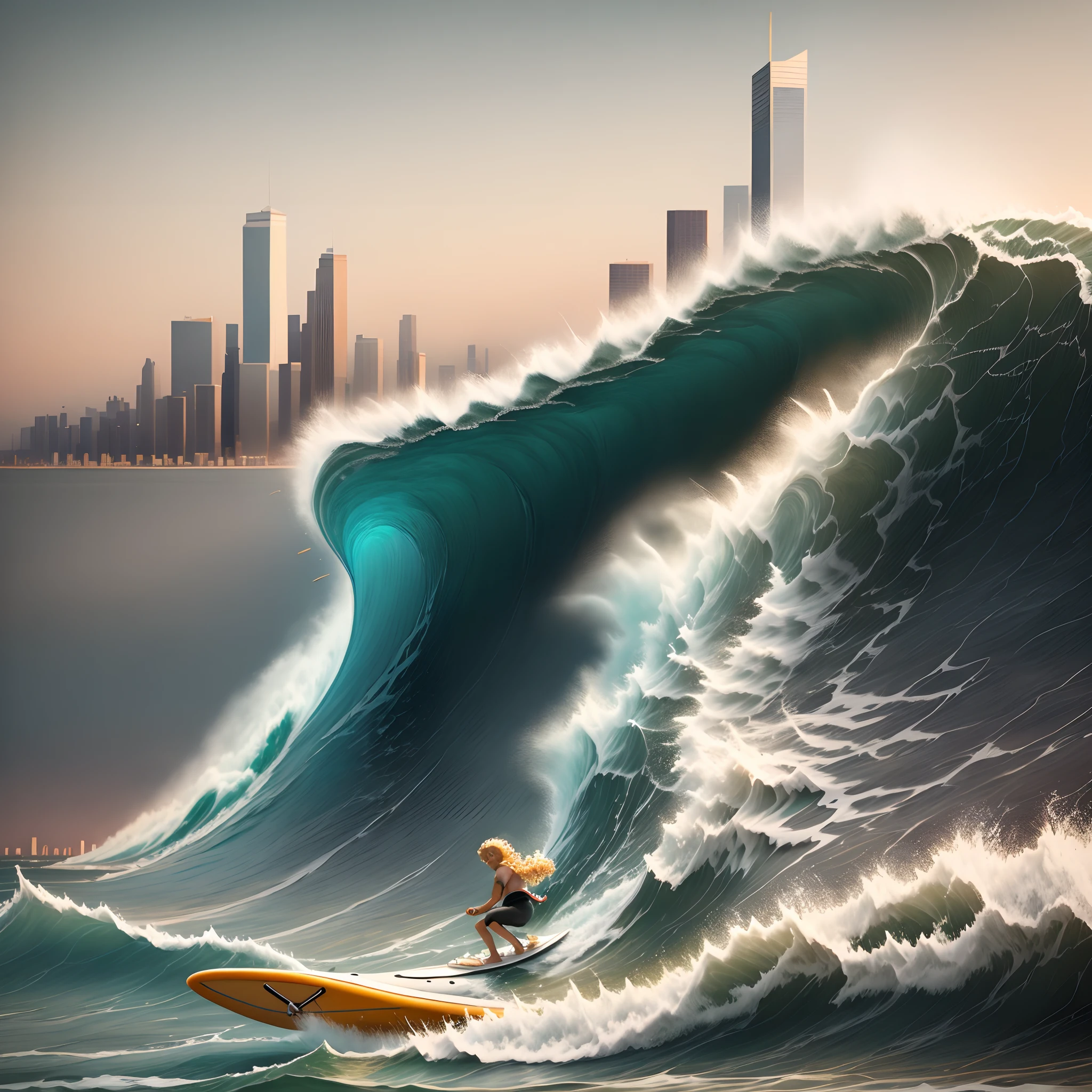 Curly-haired blond boy on a surfboard on the crest of a wave. In front of him is the horizon of the city, high-rise buildings and a bright future