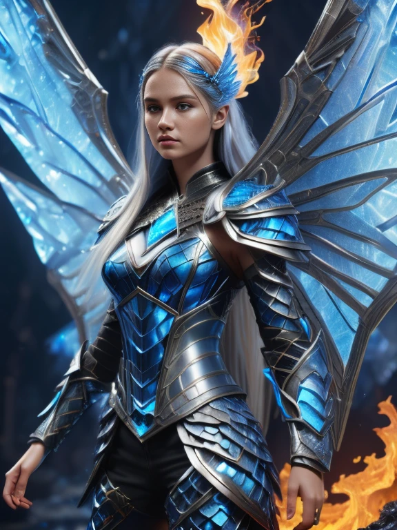 Super realistic image, NVIDIA RTX, super resolution, unreal 5, subsurface dispersion, PBR texturing, post-processing, maximum clarity and sharpness, multi-layer textures, of (a very beautiful young angel woman), (tall model), blue eyes, ((long hair intense white of blue fire, in flames)), ((complete fantastic armor of blue ice with inlaid details of maximum sharpness and fantasy)), (((huge wings of blue ice)), ((casting spells of blue ice)) , (high quality, ultra-realistic scene, 8K RAW high definition)