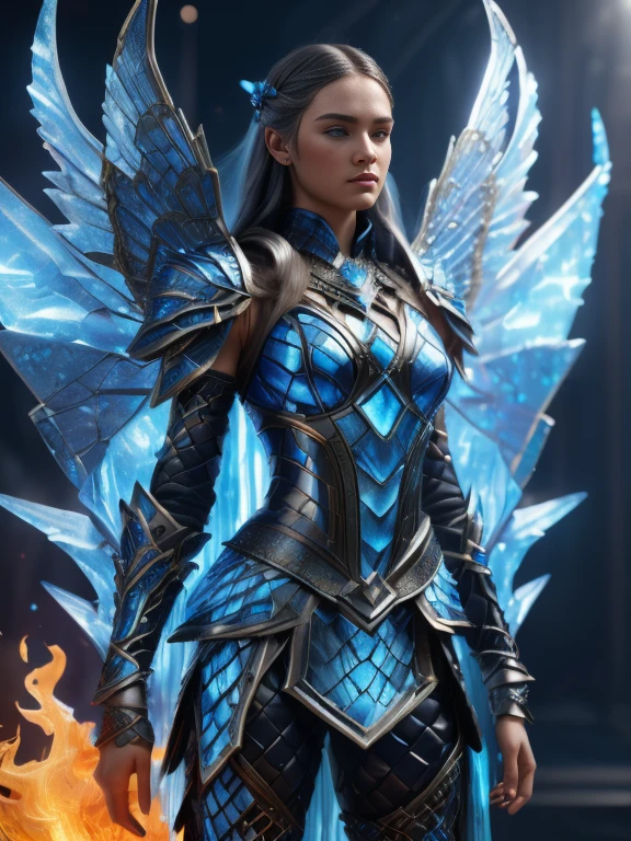 Super realistic image, NVIDIA RTX, super resolution, unreal 5, subsurface dispersion, PBR texturing, post-processing, maximum clarity and sharpness, multi-layer textures, of (a very beautiful young angel woman), (tall model), blue eyes, ((long hair intense white of blue fire, in flames)), ((complete fantastic armor of blue ice with inlaid details of maximum sharpness and fantasy)), (((huge wings of blue ice)), ((casting spells of blue ice)) , (high quality, ultra-realistic scene, 8K RAW high definition)