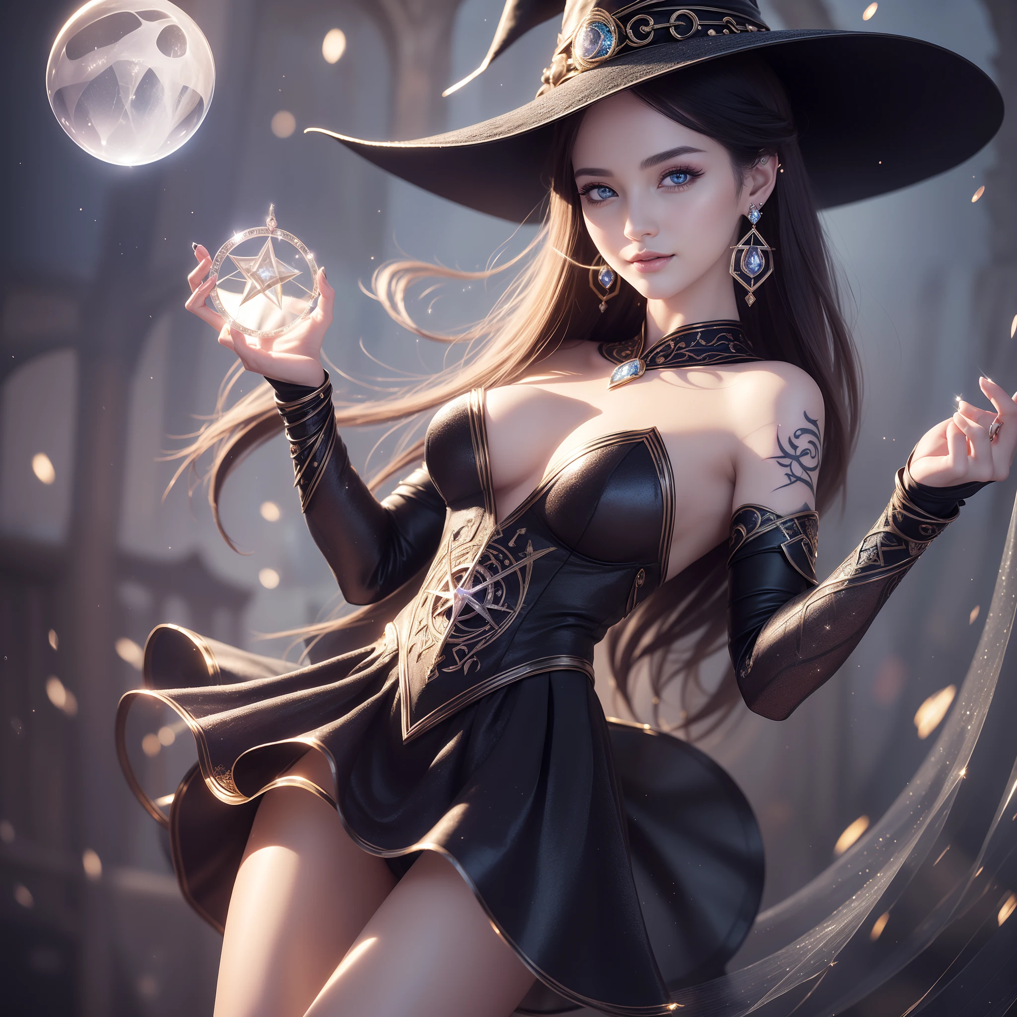 (highest quality))), ((Masterpiece)), ((Complex details)), 32k, Sharpness, Highly detailed CG, Perfect artwork, detailed and detailed details, Wind Manipulation: 1.2, Light Manipulation, Fantastic Art, Fantasy Works, (Dynamic Pose: 1.5), ((Tattoo of runes: 1.5)), Perfect female figure, ((Adult woman in her early twenties)), Constricted waistLeg line beauty, very delicate and beautiful, best quality, beautiful detailed girl, beautiful fine eyes, face lights, realistic expression of face, intricate details, makeup, ((Bewitching smile: 1.4)), (witch: 1.4), (witch costume: 1.5, skirt: 1.5, witch hat: 1.5, witch boots: 1.5, black, detailed, unexposed: 1.6))),(detailed beautiful delicate face, Detailed beautiful delicate eyes, face) Perfect proportions, perfect face modeling:1.1, Detailed skin, (Dense and detailed sparkling gem earrings:1.5), (Magic circle glowing faintly behind :1.4)), Depth background:1.3, Fantastic background, (crescent moon), Flying light