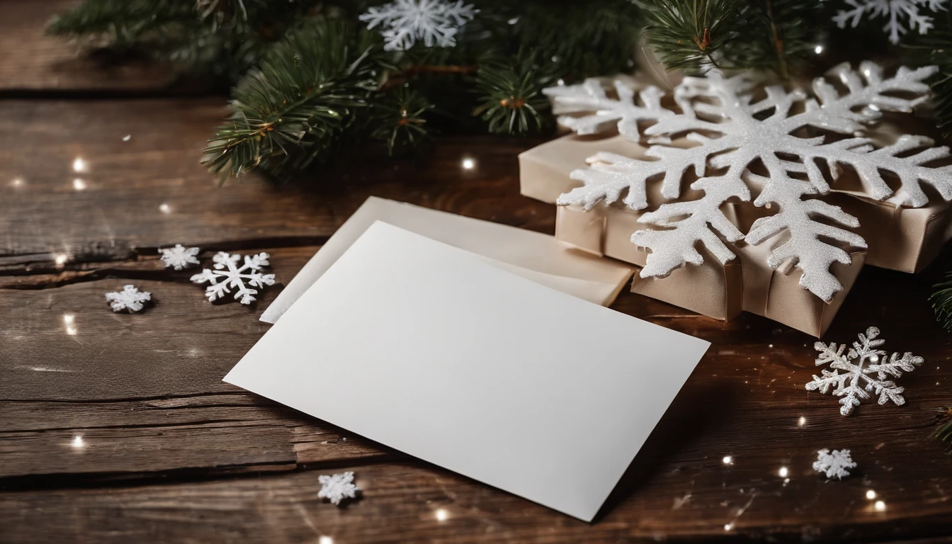 A blank white greeting card mockup on a vintage wooden table, with a winter-themed illustration and a scattering of glittering snowflakes.