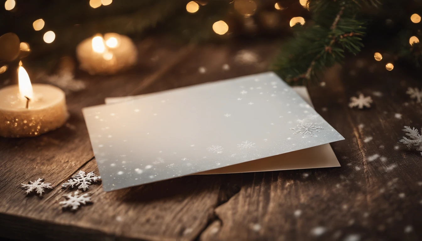 A blank white greeting card mockup on a vintage wooden table, with a winter-themed illustration and a scattering of glittering snowflakes.